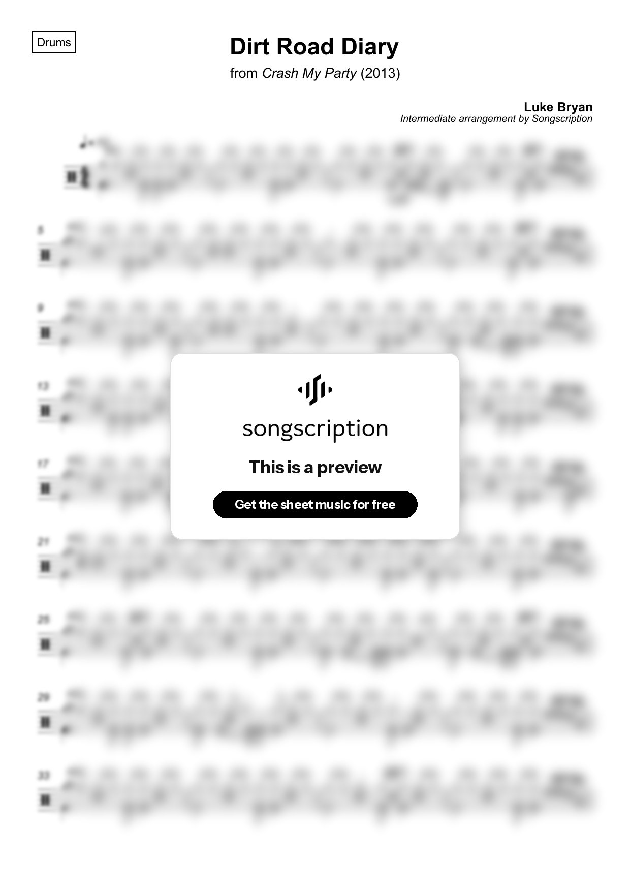 Intermediate Drums Sheet Music for "Dirt Road Diary" by Luke Bryan