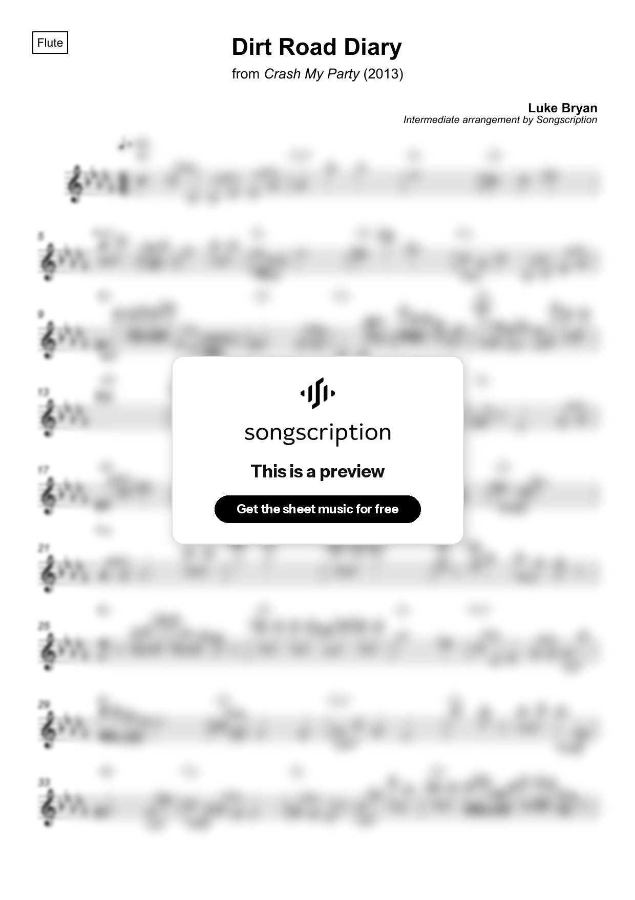Intermediate Flute Sheet Music for "Dirt Road Diary" by Luke Bryan