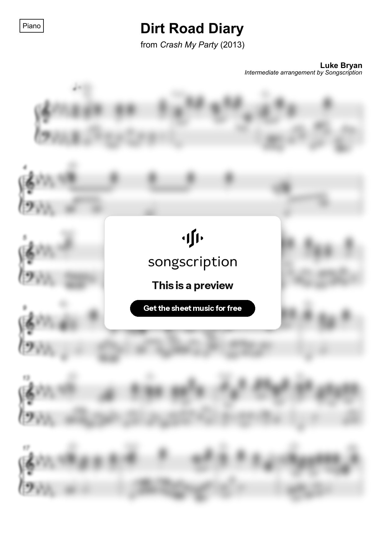 Intermediate Piano Sheet Music for "Dirt Road Diary" by Luke Bryan
