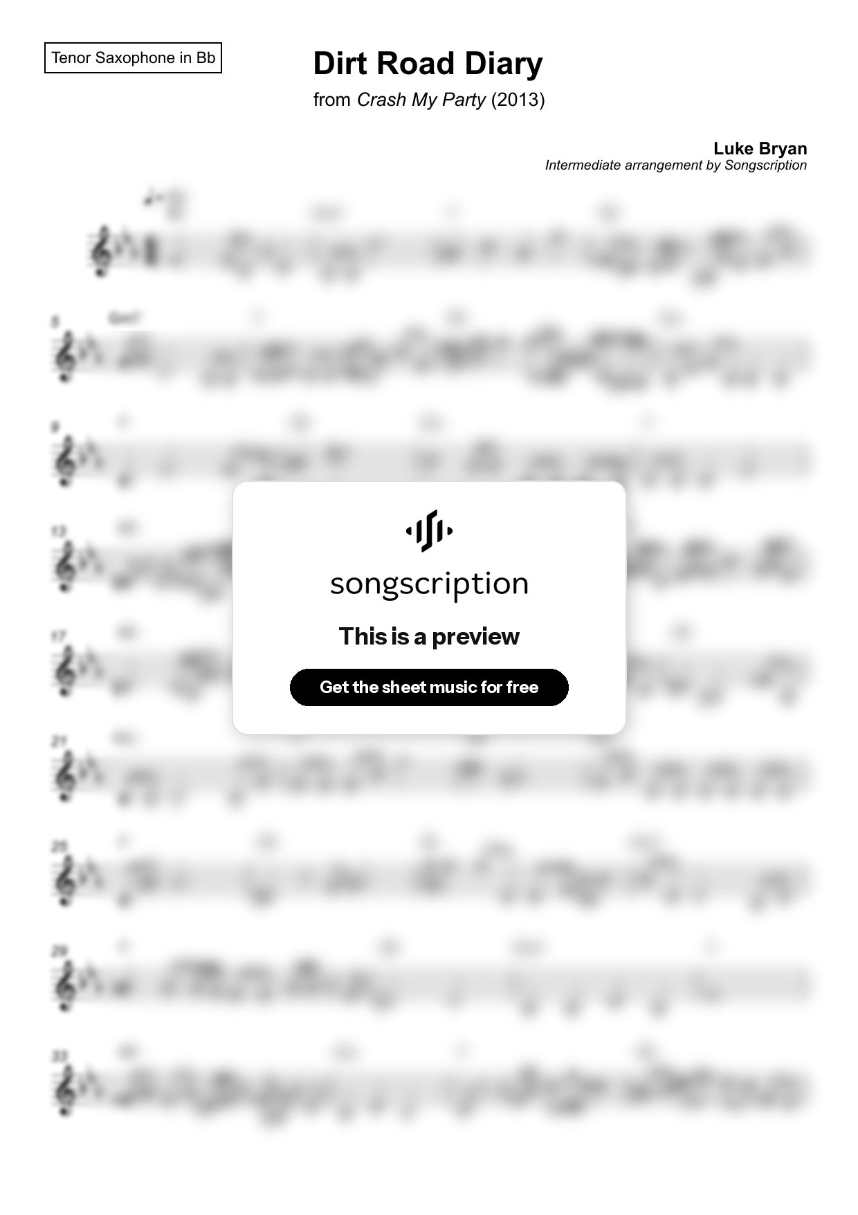 Intermediate Tenor Sax Sheet Music for "Dirt Road Diary" by Luke Bryan
