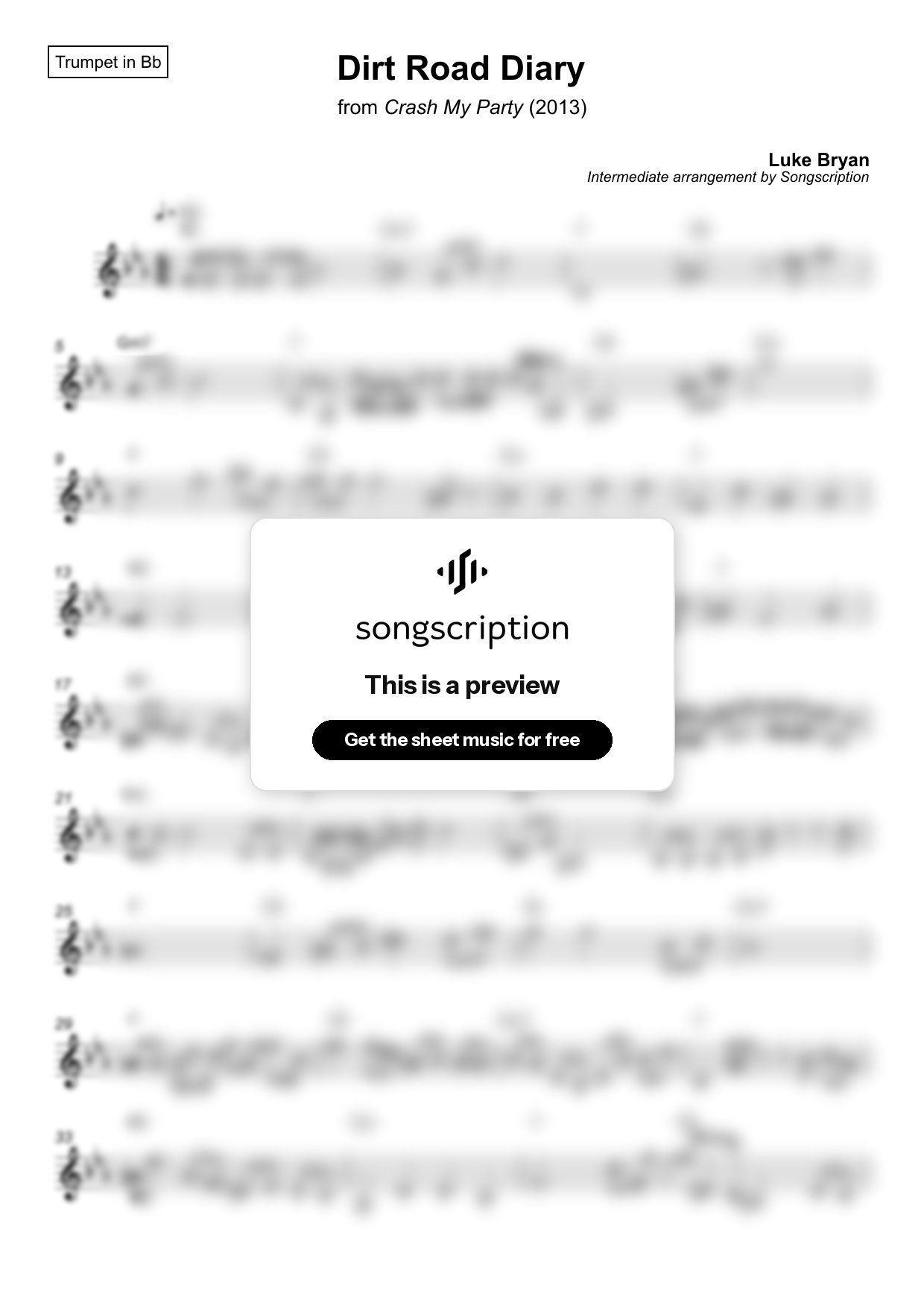 Intermediate Trumpet Sheet Music for "Dirt Road Diary" by Luke Bryan