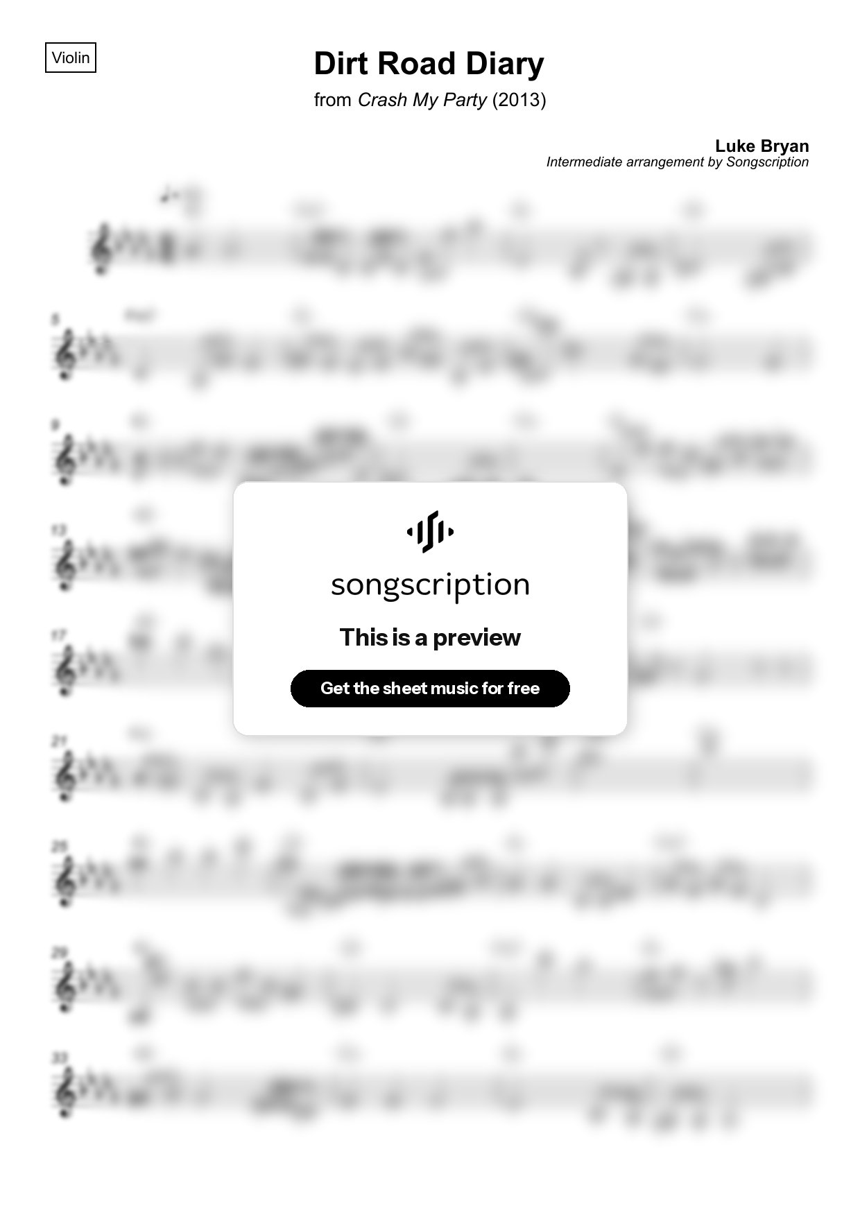 Intermediate Violin Sheet Music for "Dirt Road Diary" by Luke Bryan
