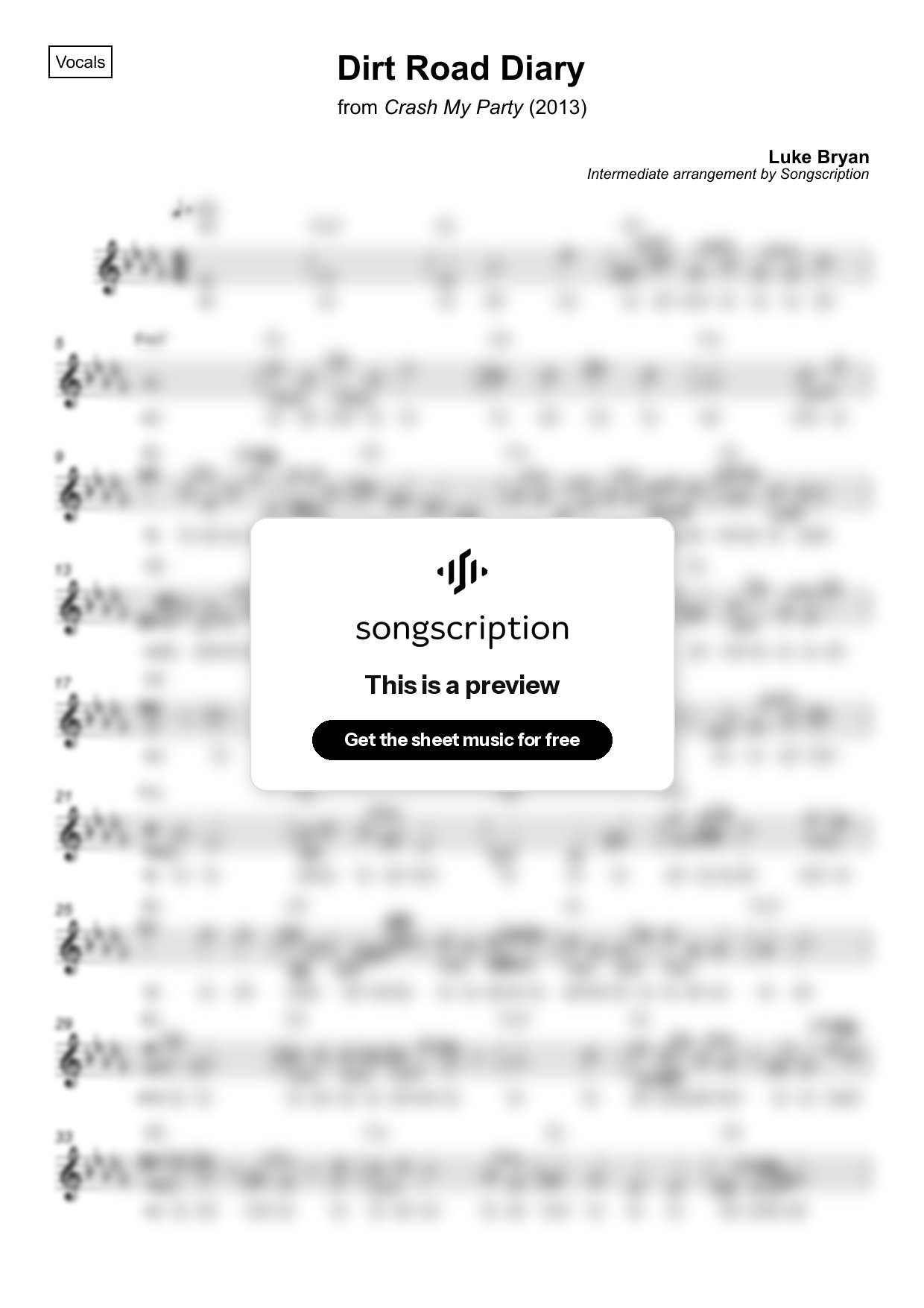 Intermediate Vocals Sheet Music for "Dirt Road Diary" by Luke Bryan