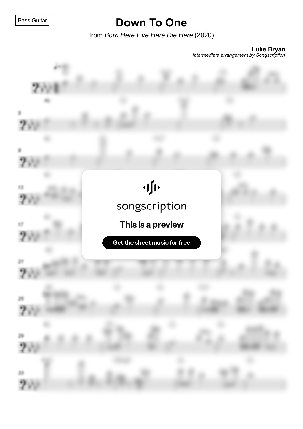 Intermediate Bass Guitar Sheet Music for "Down To One" by Luke Bryan