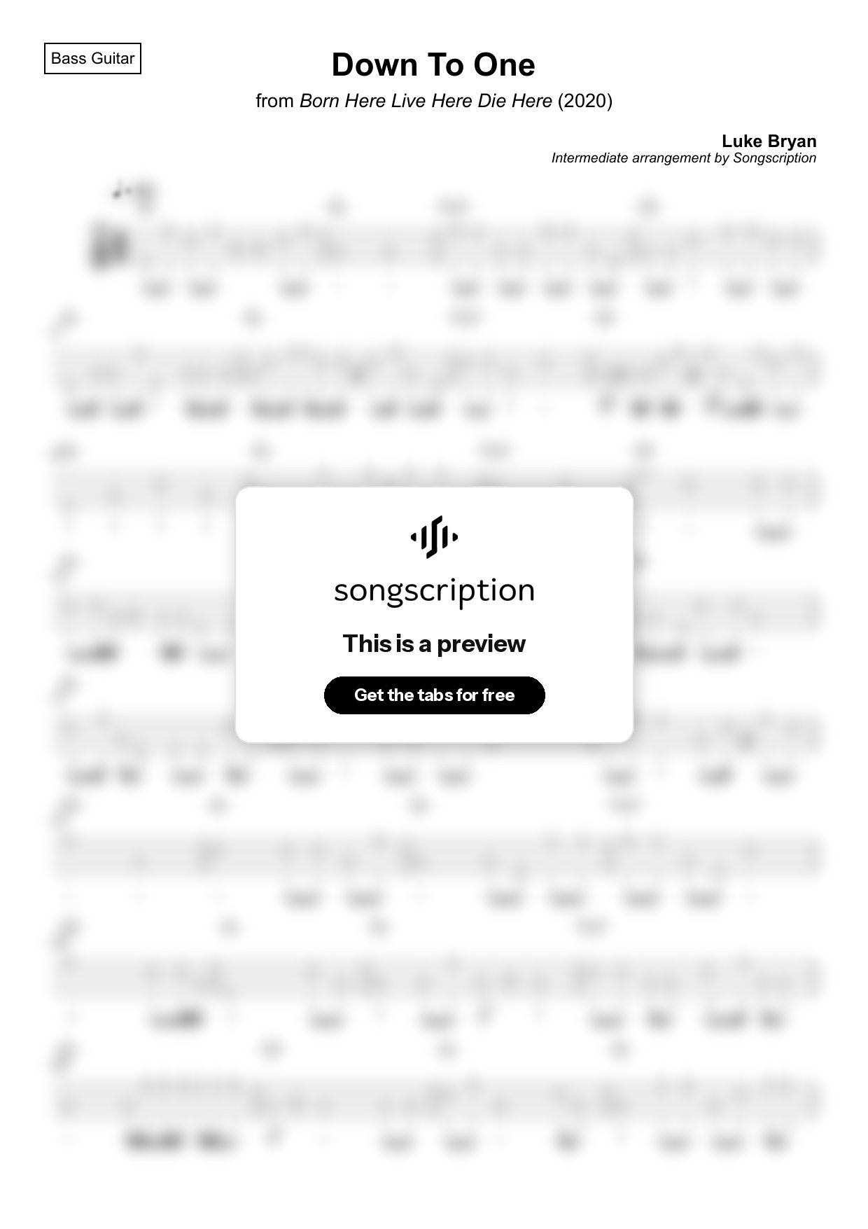Intermediate Bass Guitar Tabs for "Down To One" by Luke Bryan