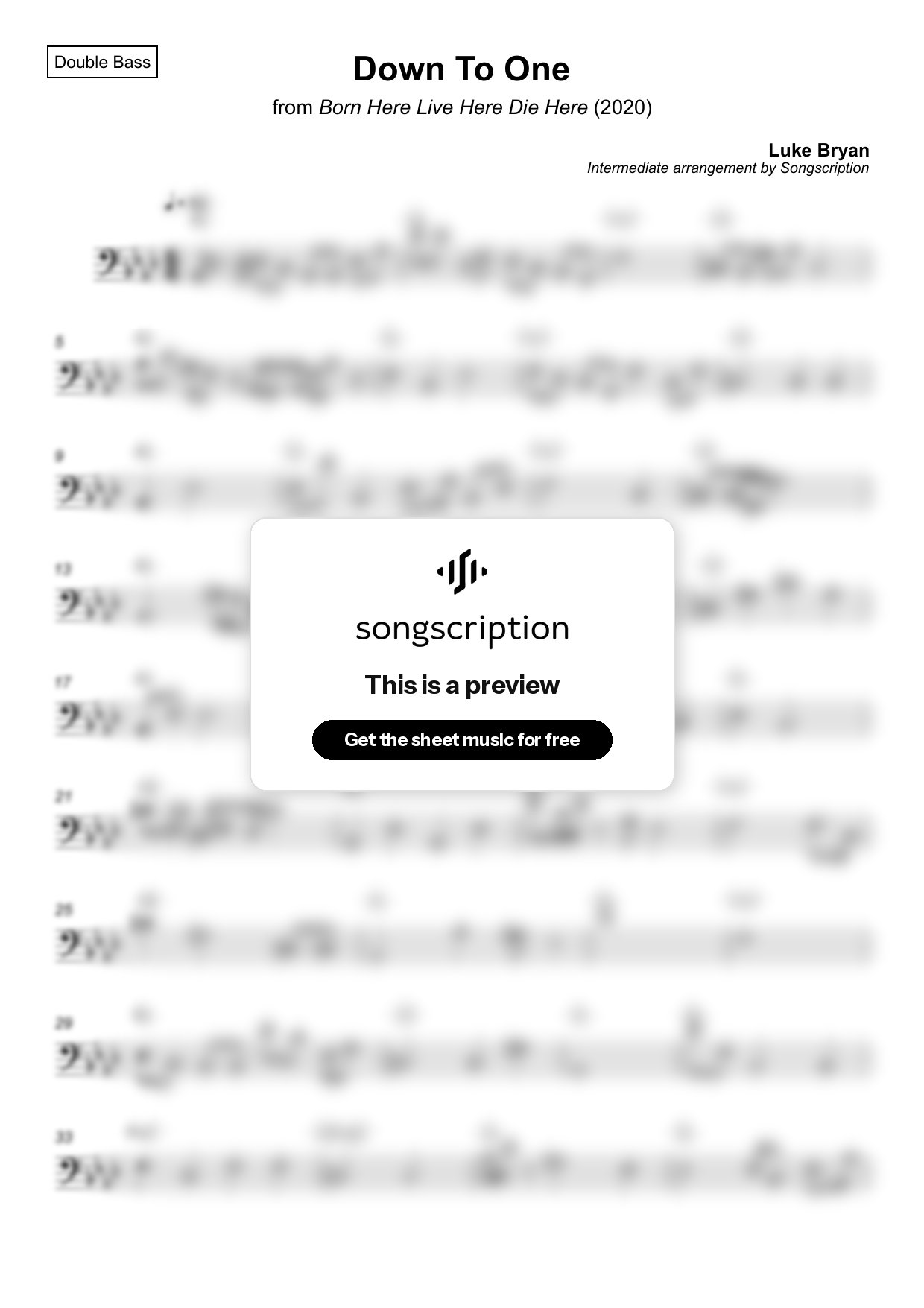 Intermediate Double Bass Sheet Music for "Down To One" by Luke Bryan