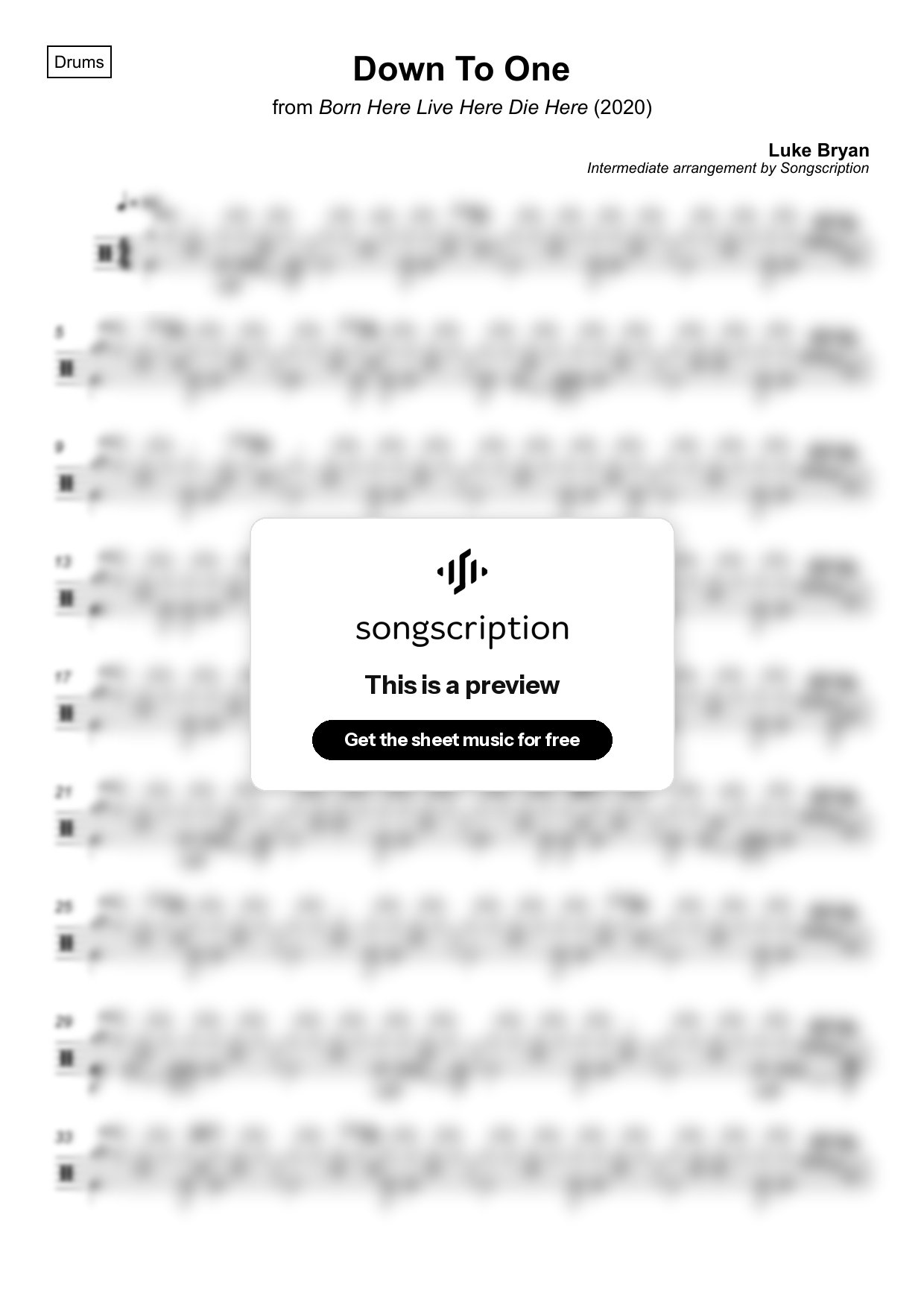 Intermediate Drums Sheet Music for "Down To One" by Luke Bryan
