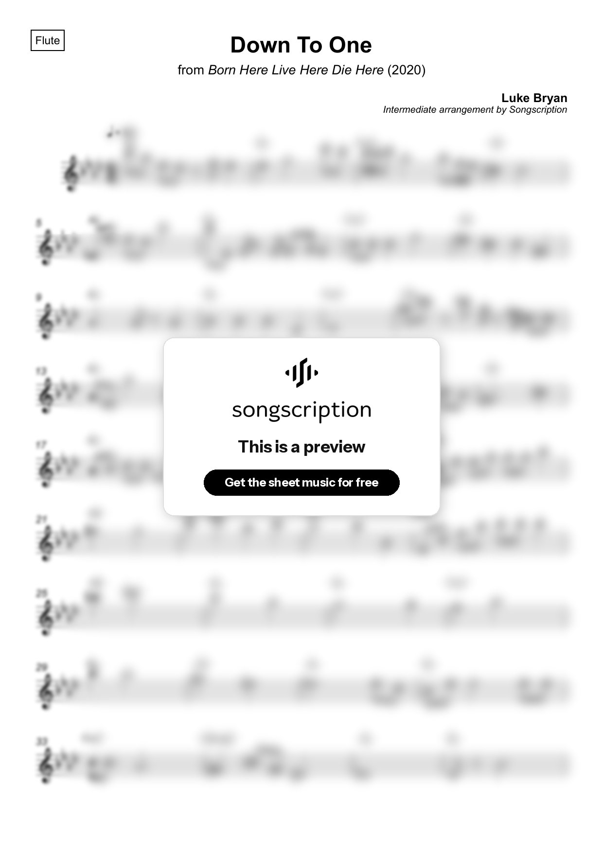 Intermediate Flute Sheet Music for "Down To One" by Luke Bryan