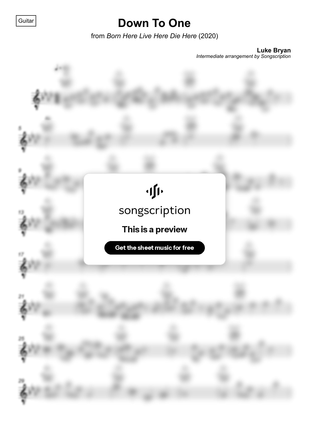 Intermediate Acoustic Guitar Sheet Music for "Down To One" by Luke Bryan