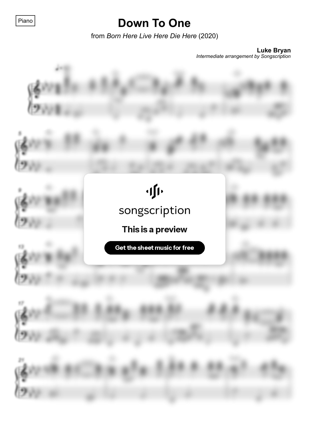 Intermediate Piano Sheet Music for "Down To One" by Luke Bryan