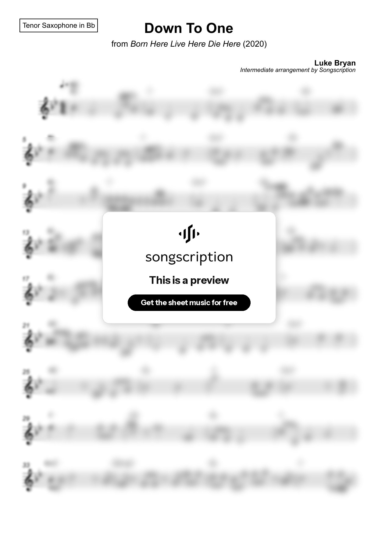 Intermediate Tenor Sax Sheet Music for "Down To One" by Luke Bryan