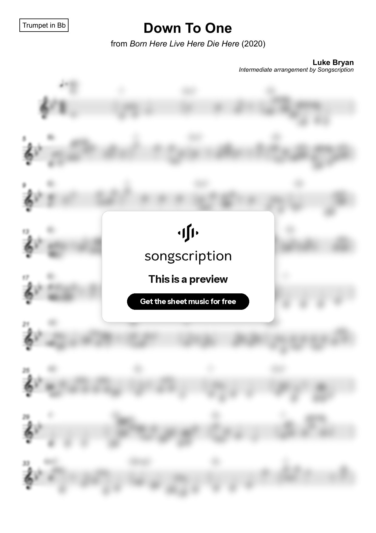 Intermediate Trumpet Sheet Music for "Down To One" by Luke Bryan