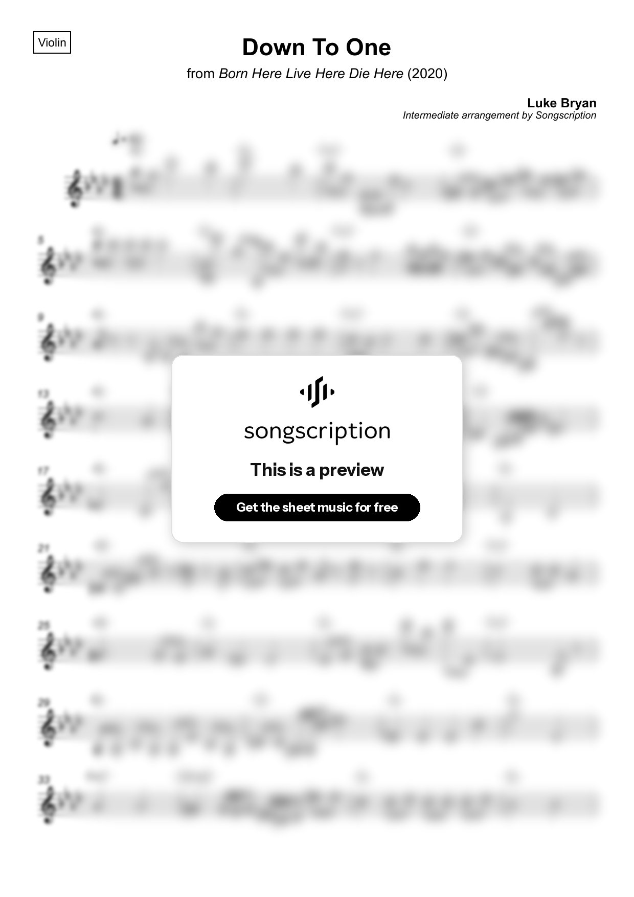 Intermediate Violin Sheet Music for "Down To One" by Luke Bryan