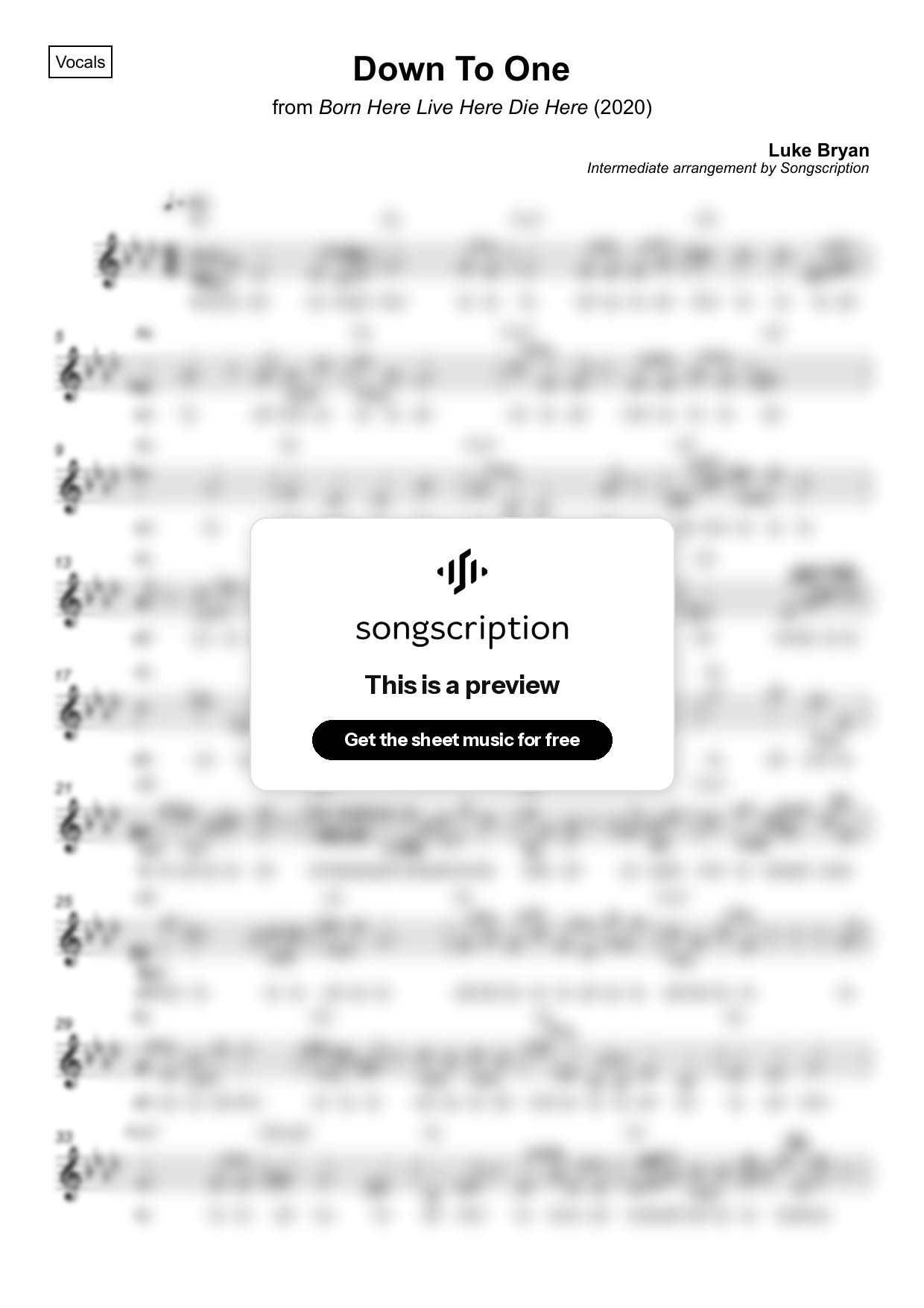 Intermediate Vocals Sheet Music for "Down To One" by Luke Bryan