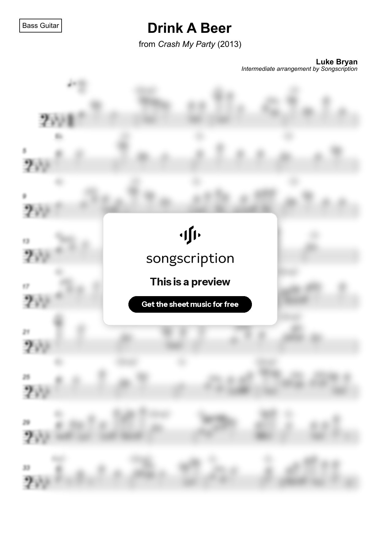 Intermediate Bass Guitar Sheet Music for "Drink A Beer" by Luke Bryan