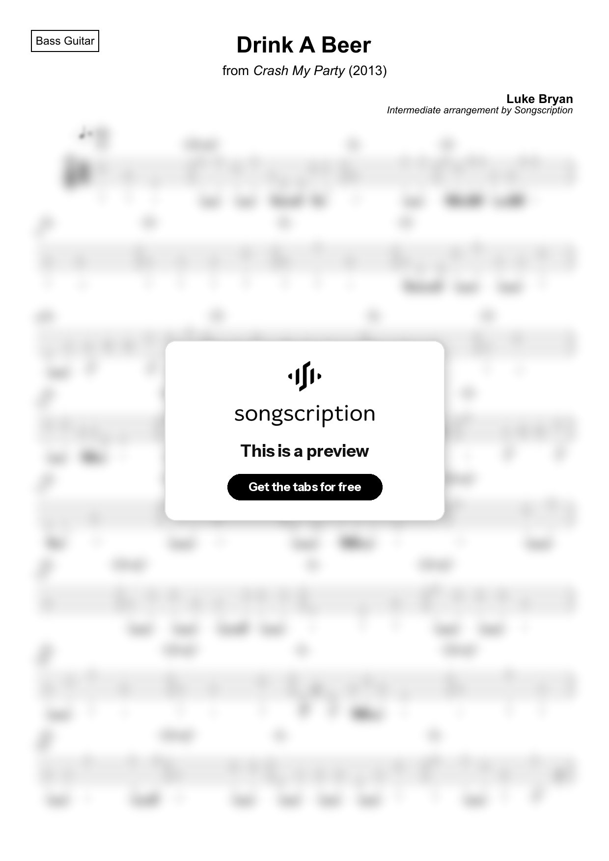 Intermediate Bass Guitar Tabs for "Drink A Beer" by Luke Bryan