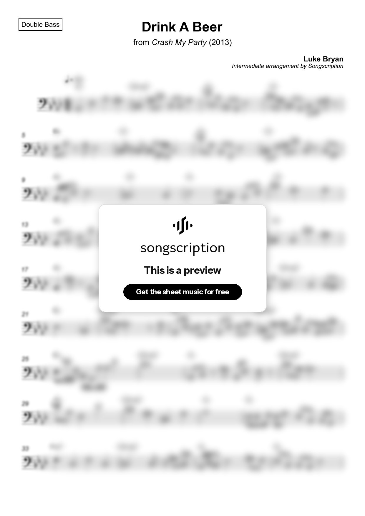 Intermediate Double Bass Sheet Music for "Drink A Beer" by Luke Bryan