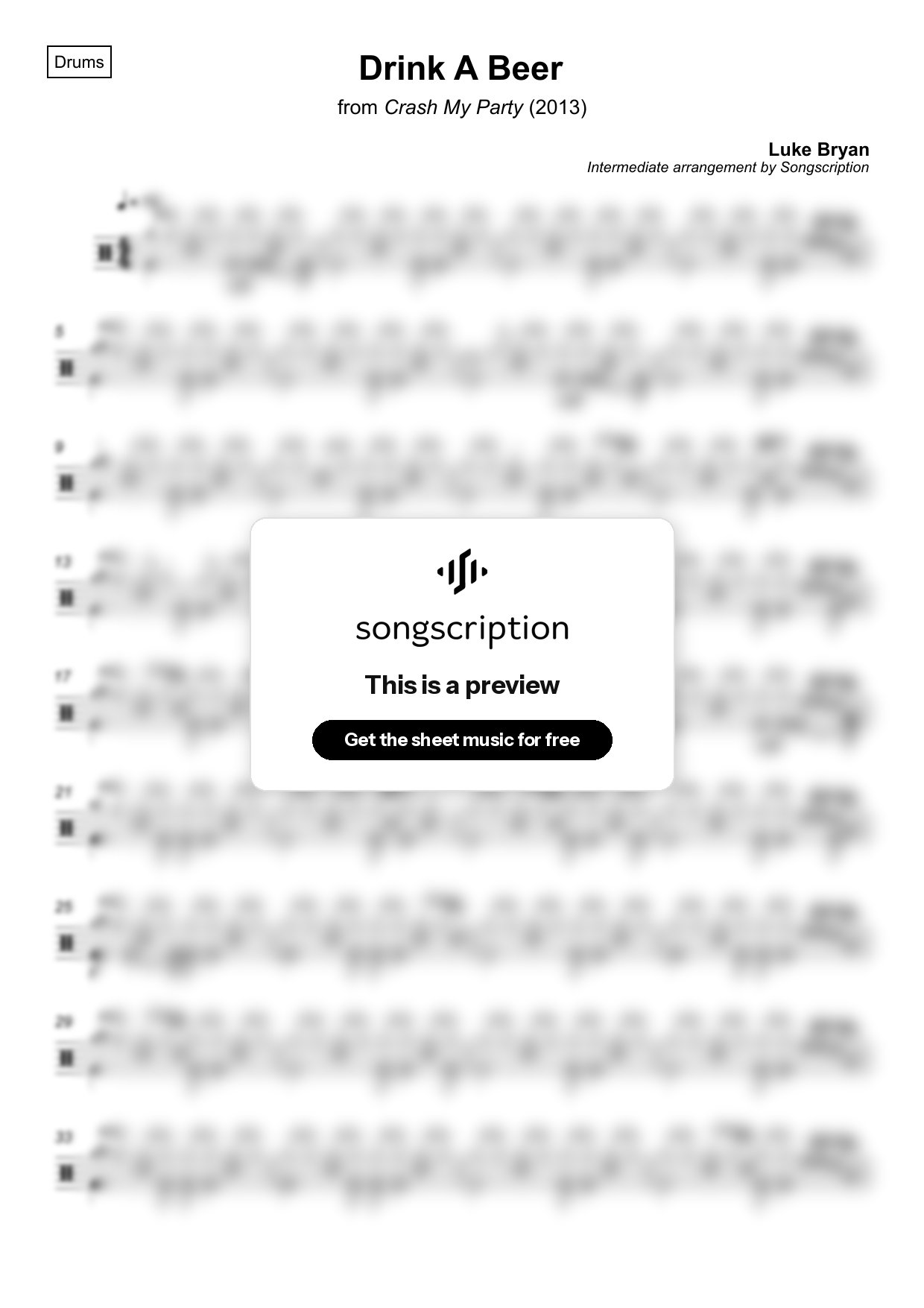 Intermediate Drums Sheet Music for "Drink A Beer" by Luke Bryan