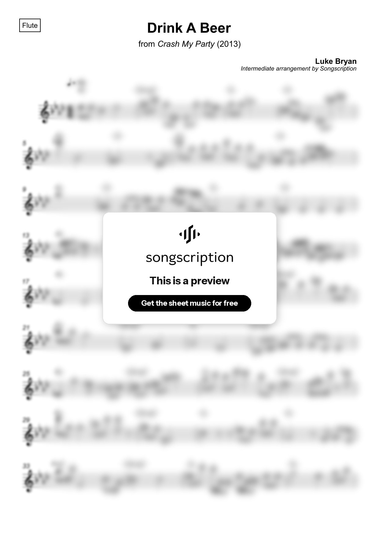 Intermediate Flute Sheet Music for "Drink A Beer" by Luke Bryan