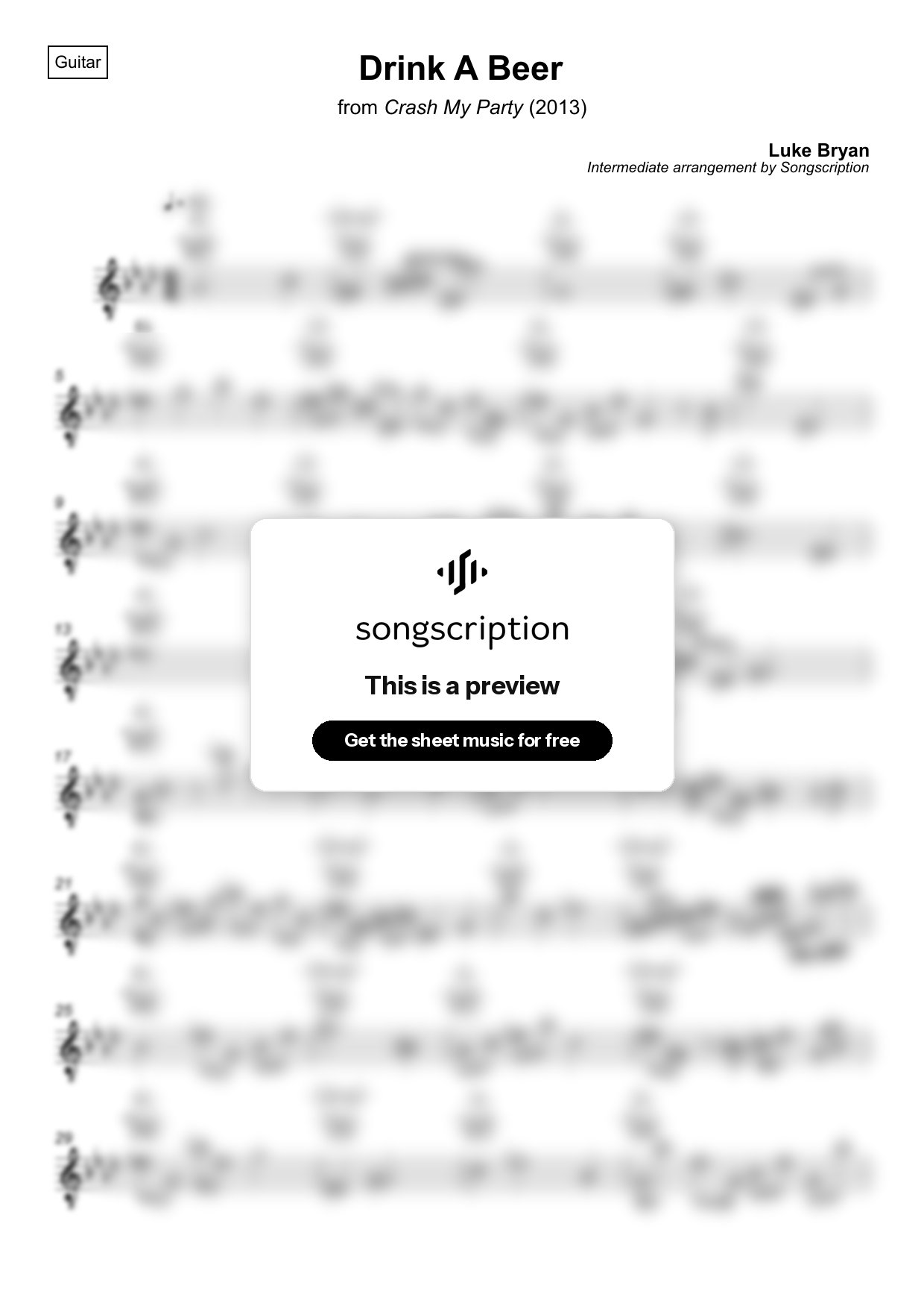 Intermediate Acoustic Guitar Sheet Music for "Drink A Beer" by Luke Bryan