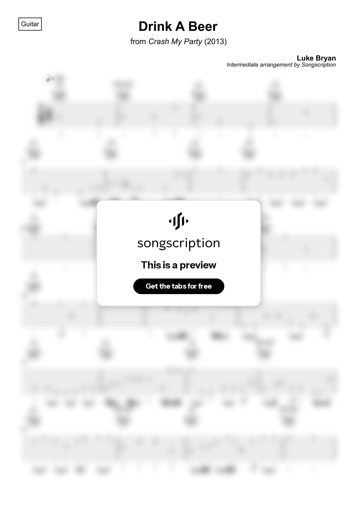 Intermediate Acoustic Guitar Tabs for "Drink A Beer" by Luke Bryan
