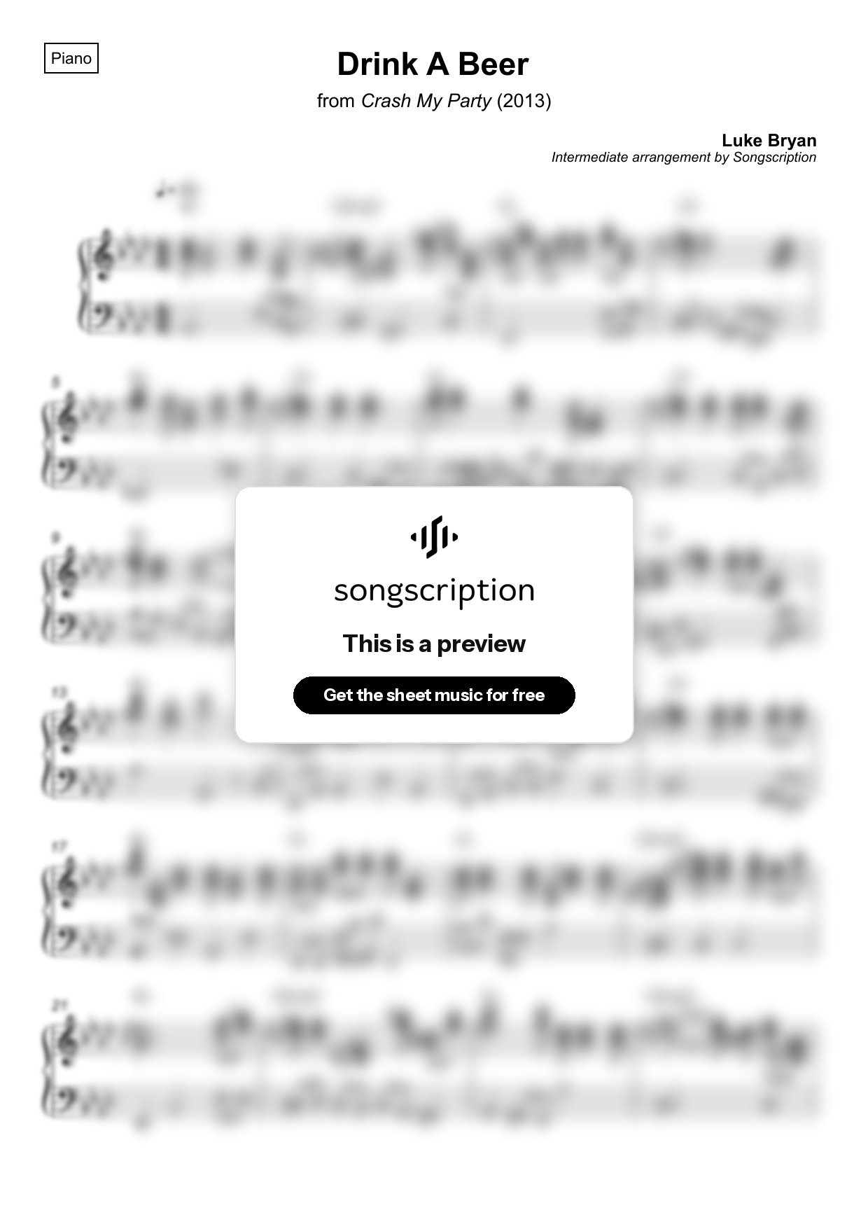 Intermediate Piano Sheet Music for "Drink A Beer" by Luke Bryan