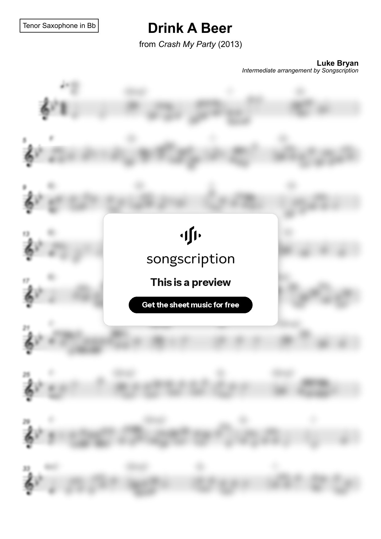 Intermediate Tenor Sax Sheet Music for "Drink A Beer" by Luke Bryan