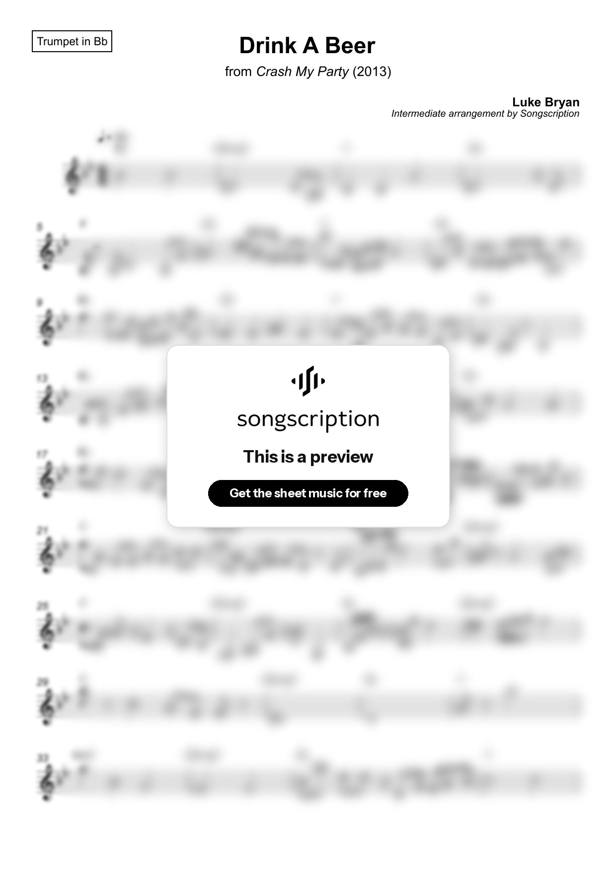 Intermediate Trumpet Sheet Music for "Drink A Beer" by Luke Bryan