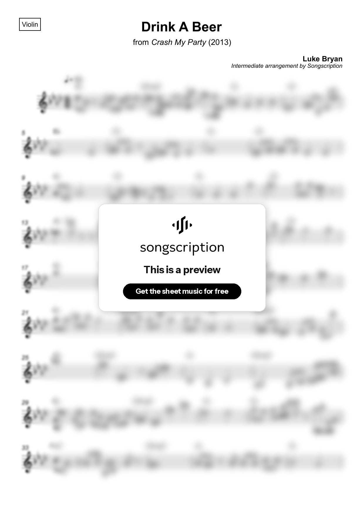 Intermediate Violin Sheet Music for "Drink A Beer" by Luke Bryan