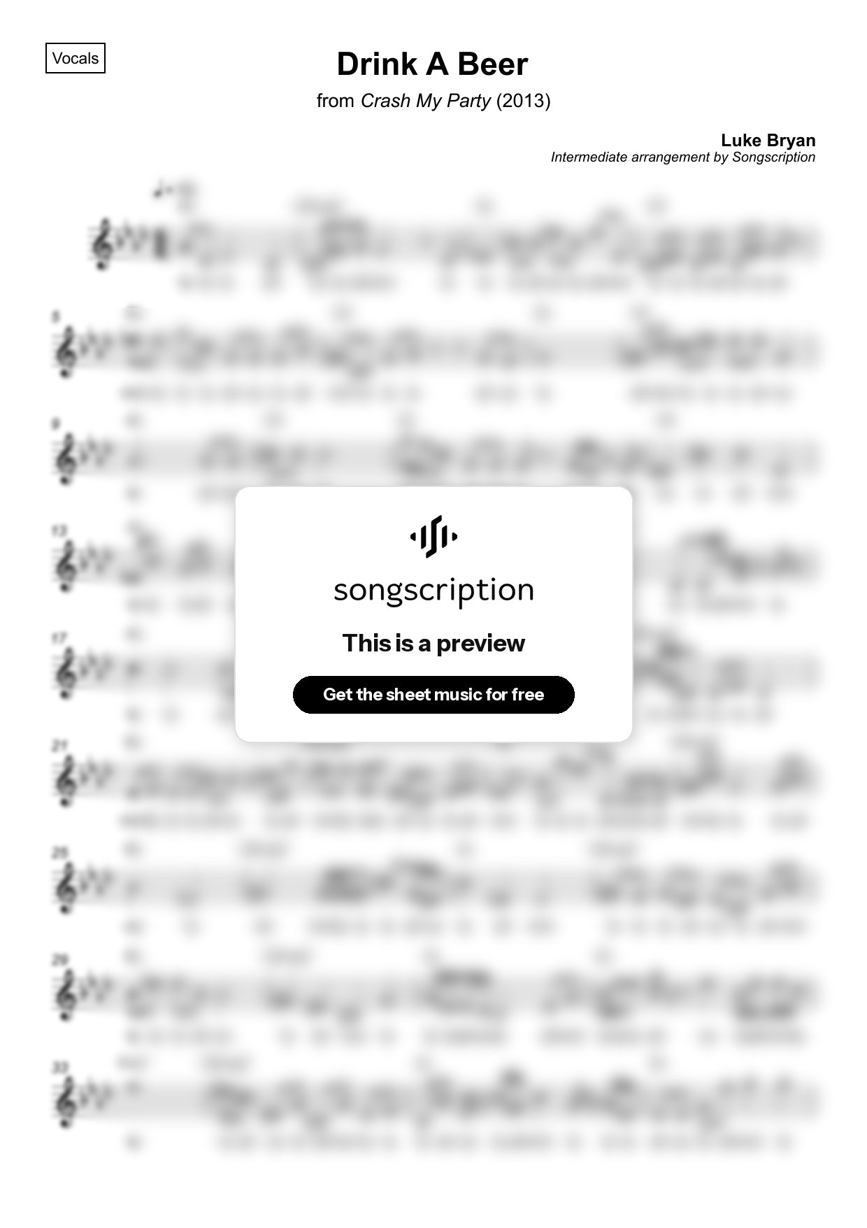 Intermediate Vocals Sheet Music for "Drink A Beer" by Luke Bryan