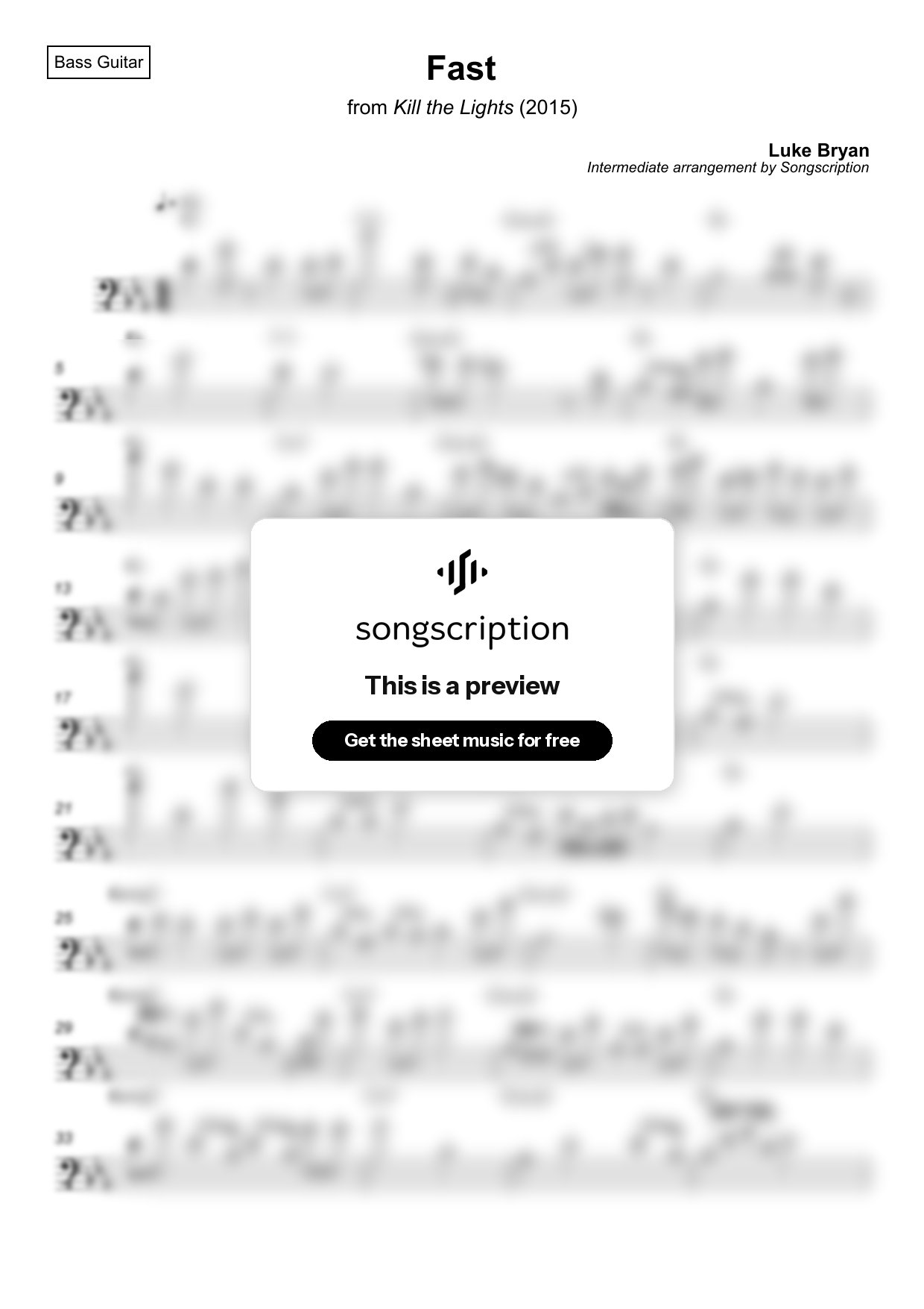 Intermediate Bass Guitar Sheet Music for "Fast" by Luke Bryan