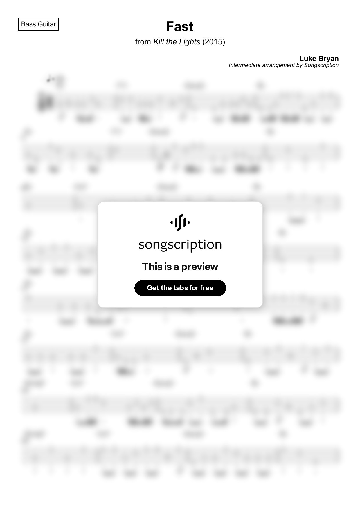 Intermediate Bass Guitar Tabs for "Fast" by Luke Bryan