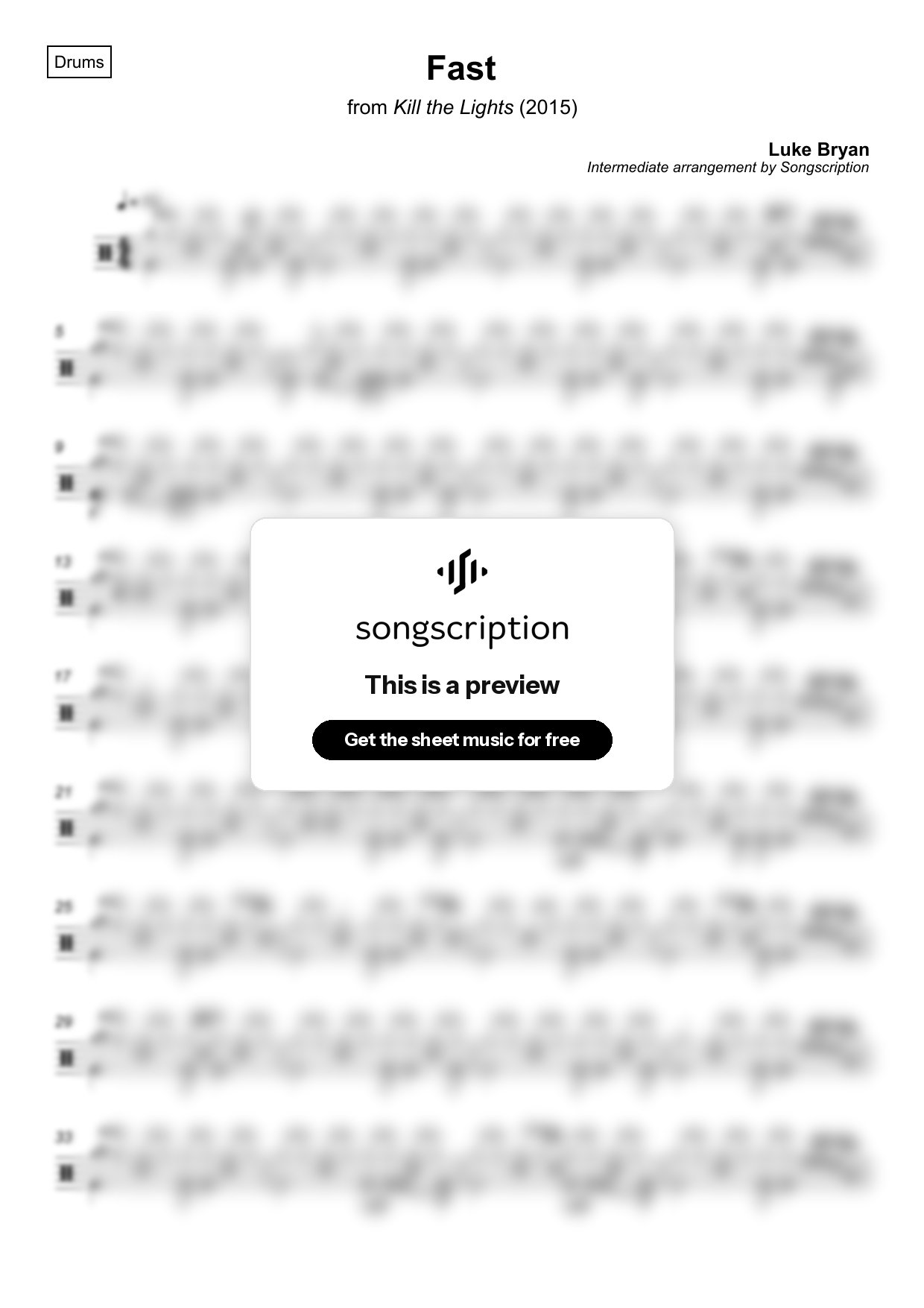 Intermediate Drums Sheet Music for "Fast" by Luke Bryan