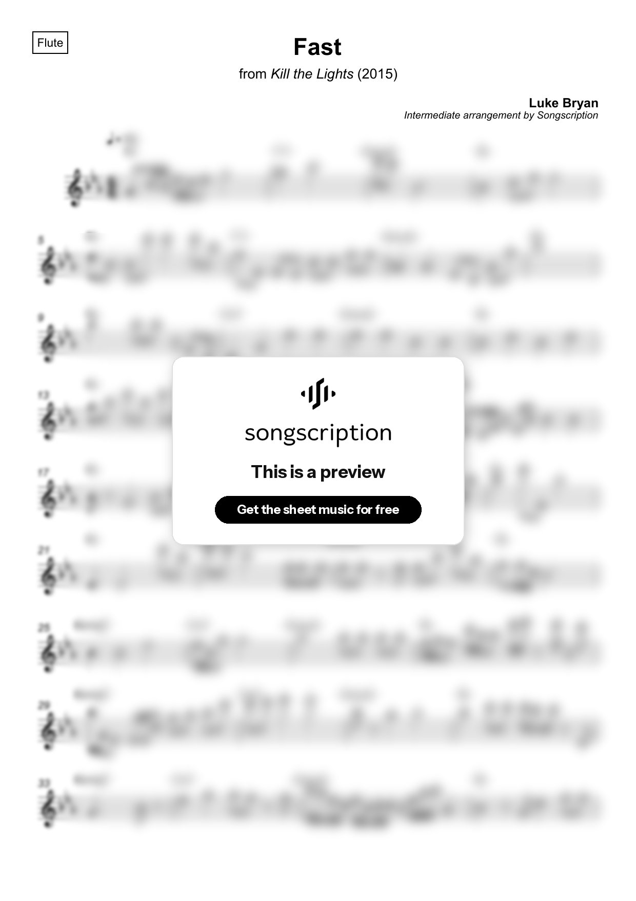 Intermediate Flute Sheet Music for "Fast" by Luke Bryan