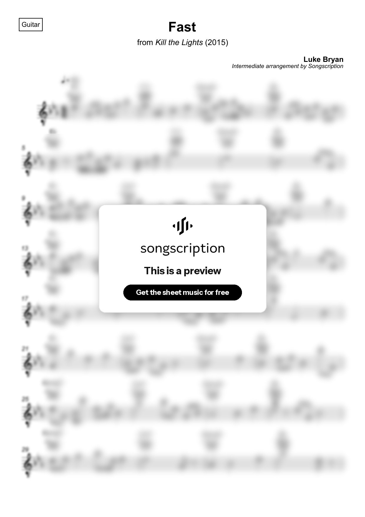 Intermediate Acoustic Guitar Sheet Music for "Fast" by Luke Bryan
