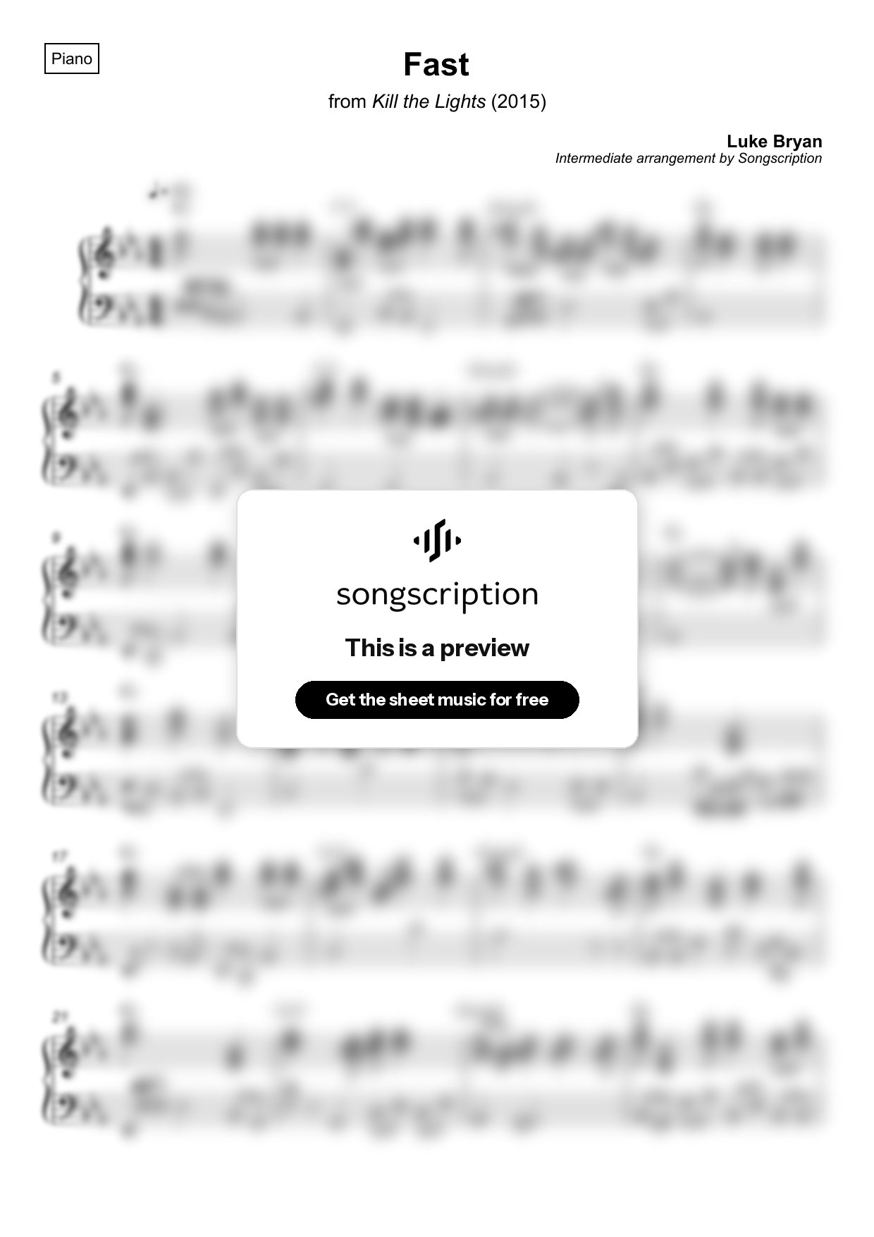 Intermediate Piano Sheet Music for "Fast" by Luke Bryan