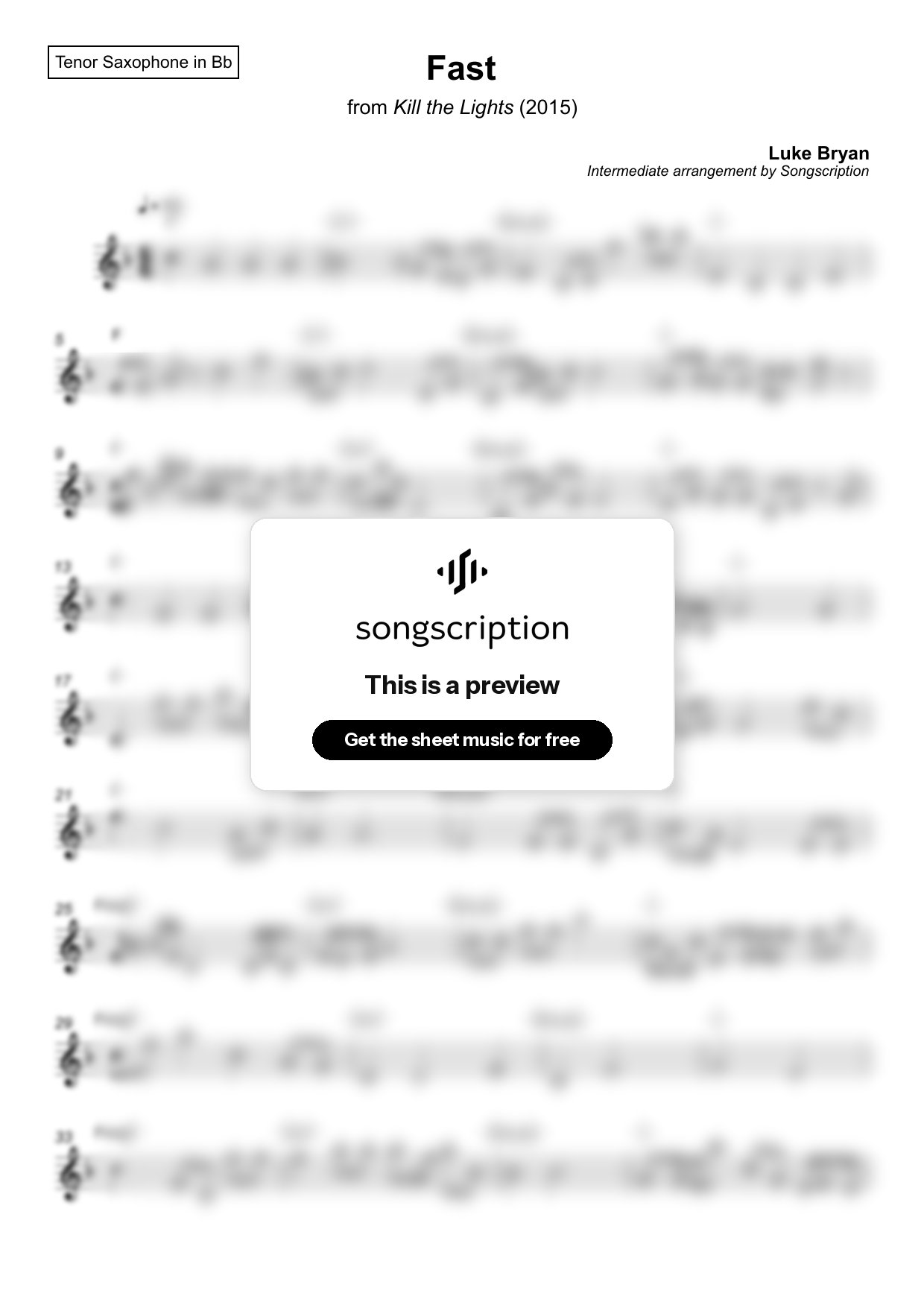Intermediate Tenor Sax Sheet Music for "Fast" by Luke Bryan