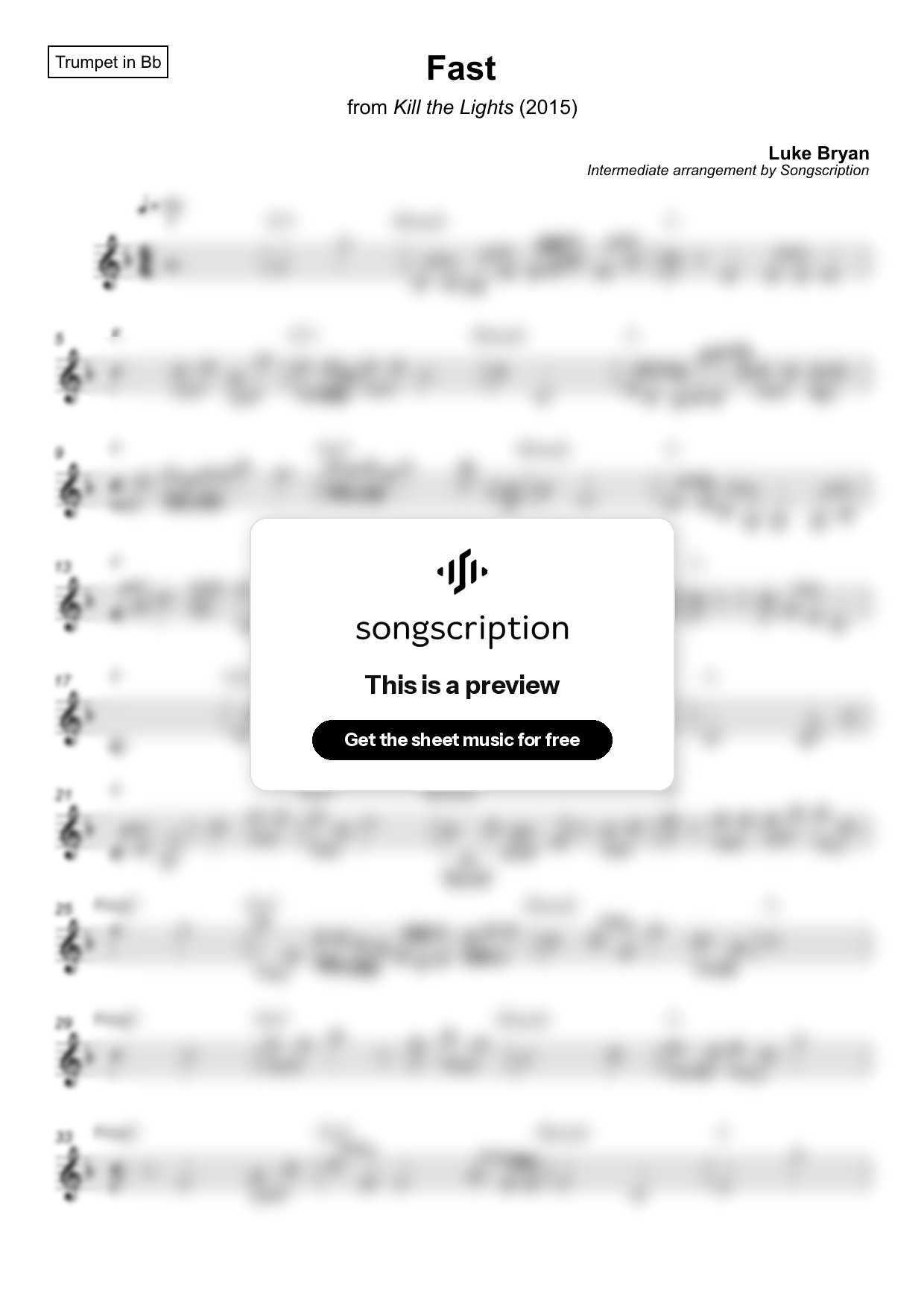 Intermediate Trumpet Sheet Music for "Fast" by Luke Bryan