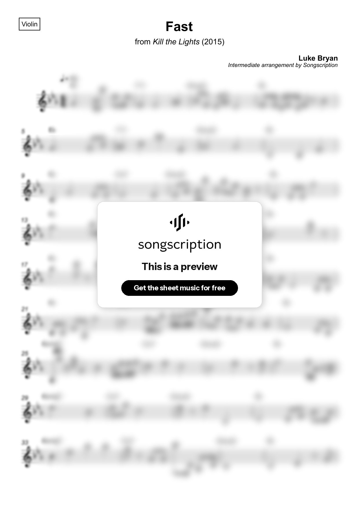 Intermediate Violin Sheet Music for "Fast" by Luke Bryan