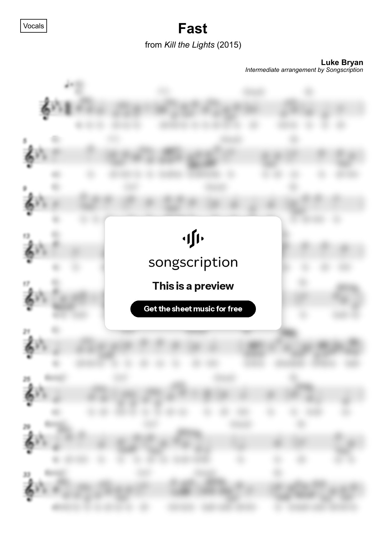 Intermediate Vocals Sheet Music for "Fast" by Luke Bryan