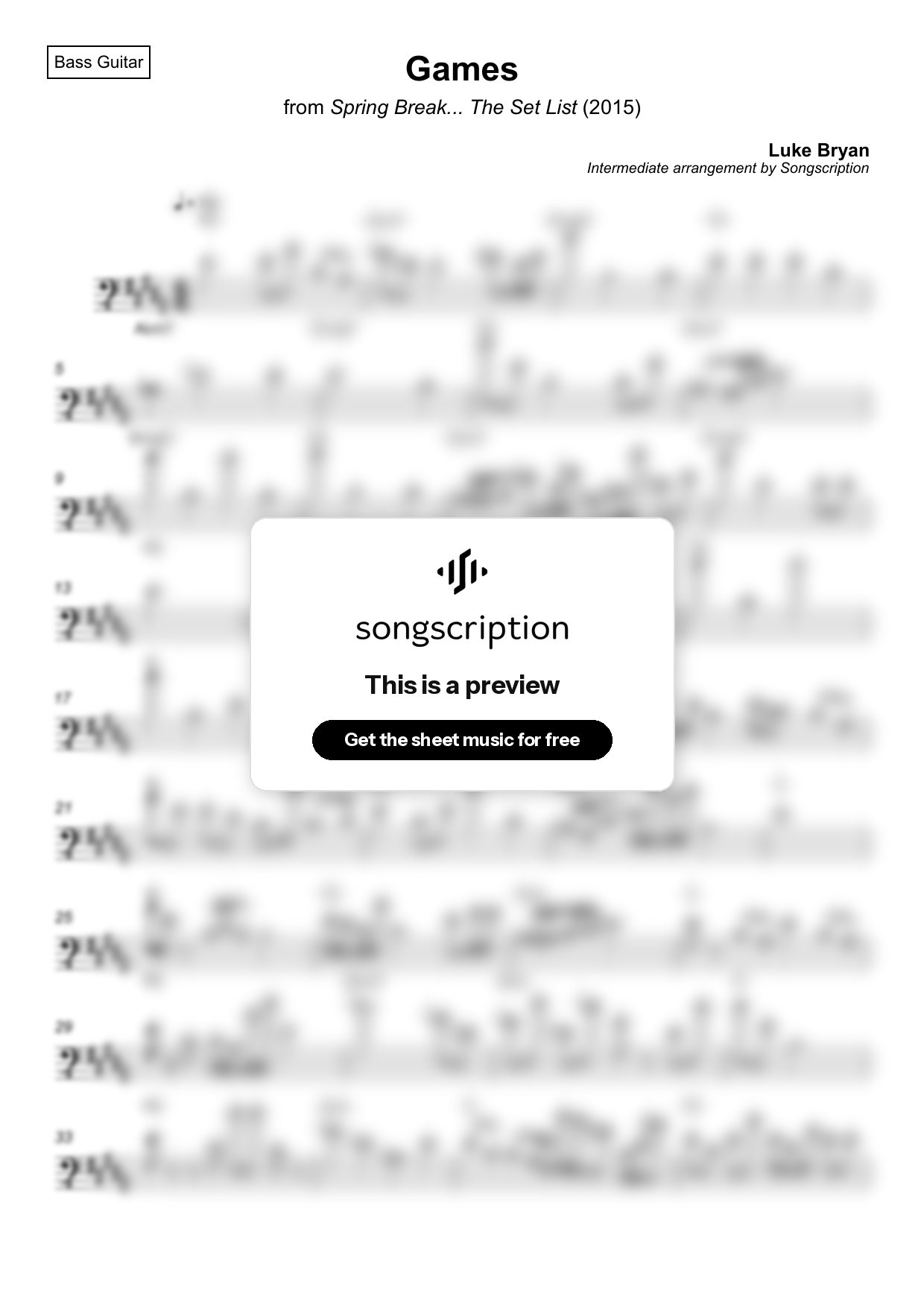 Intermediate Bass Guitar Sheet Music for "Games" by Luke Bryan