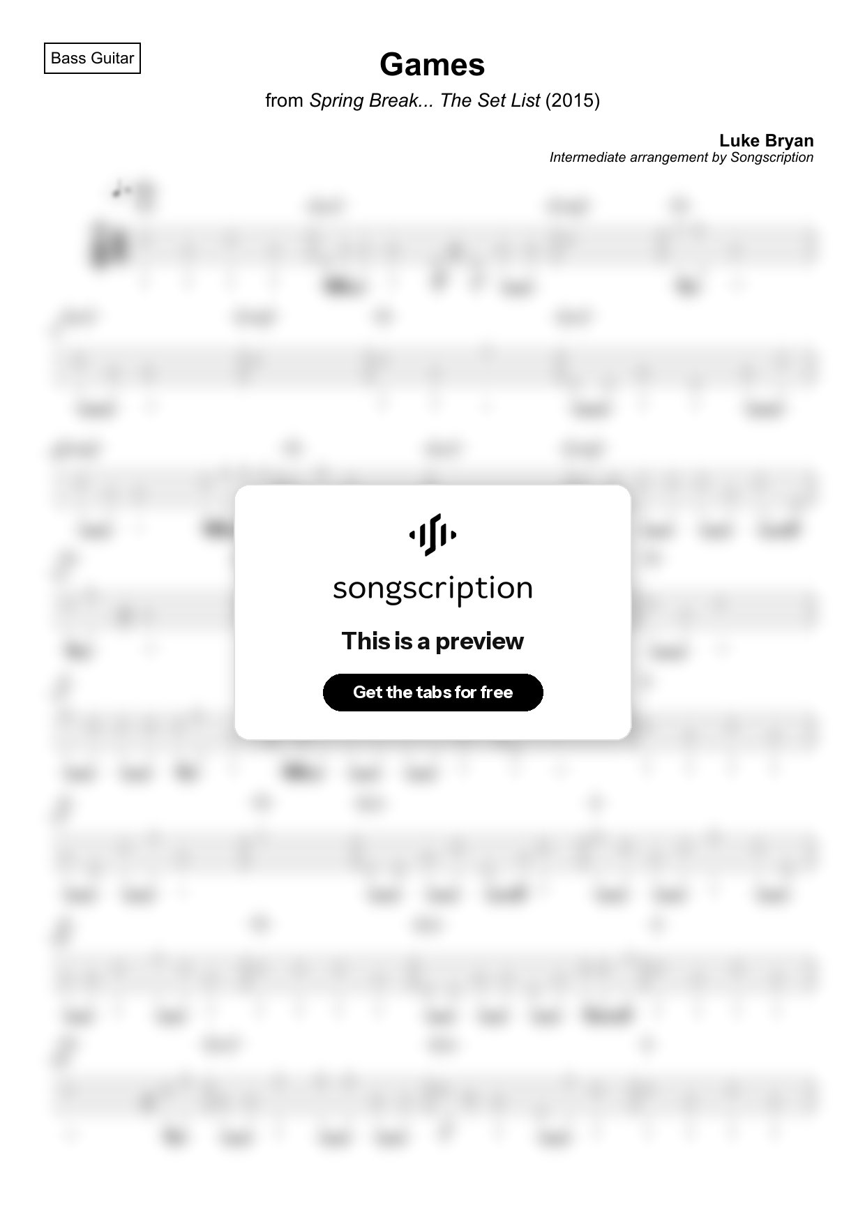 Intermediate Bass Guitar Tabs for "Games" by Luke Bryan