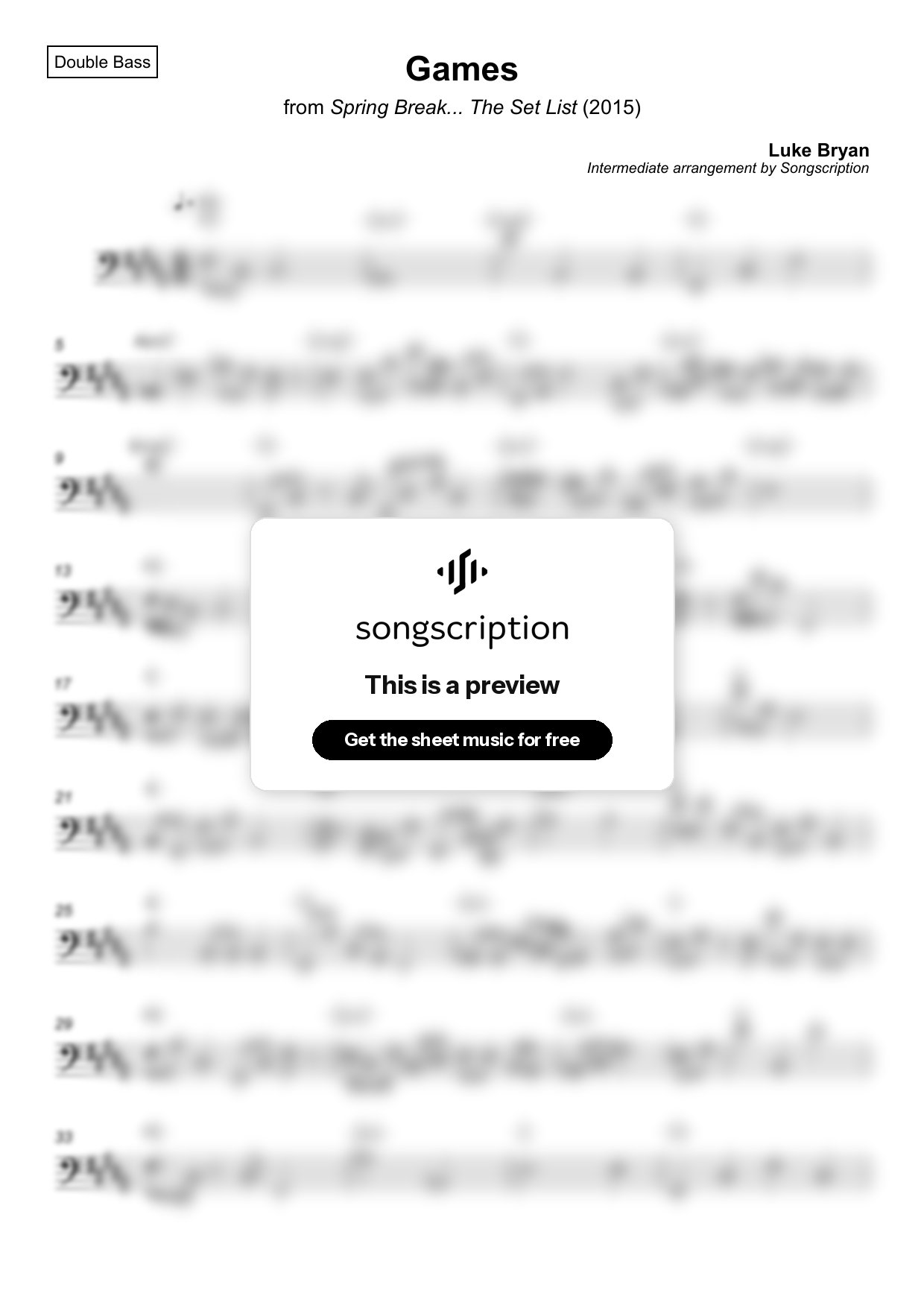 Intermediate Double Bass Sheet Music for "Games" by Luke Bryan