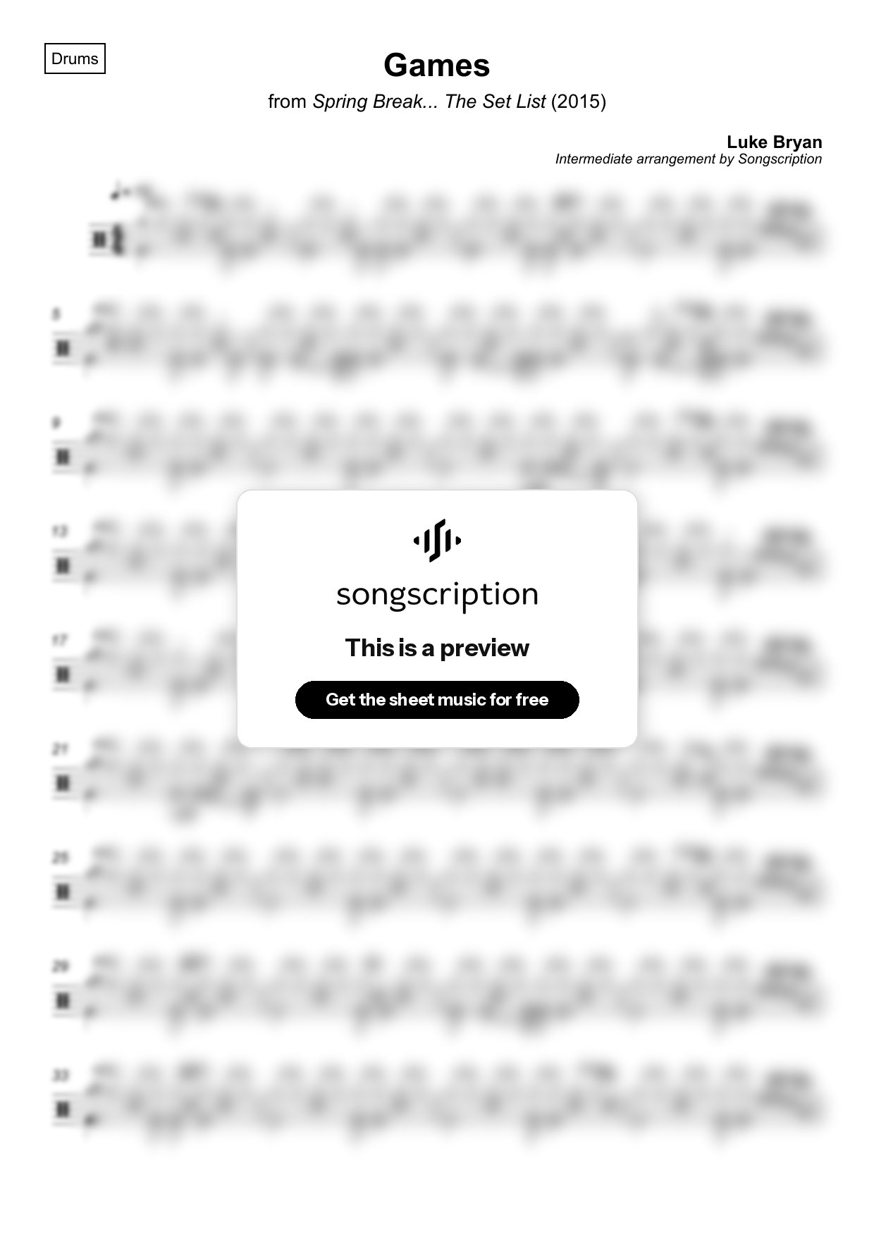 Intermediate Drums Sheet Music for "Games" by Luke Bryan