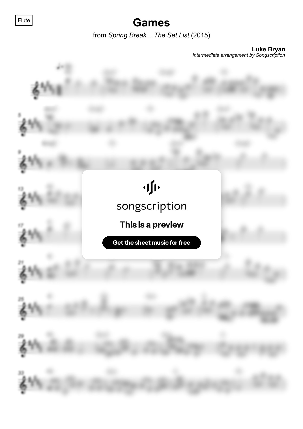 Intermediate Flute Sheet Music for "Games" by Luke Bryan