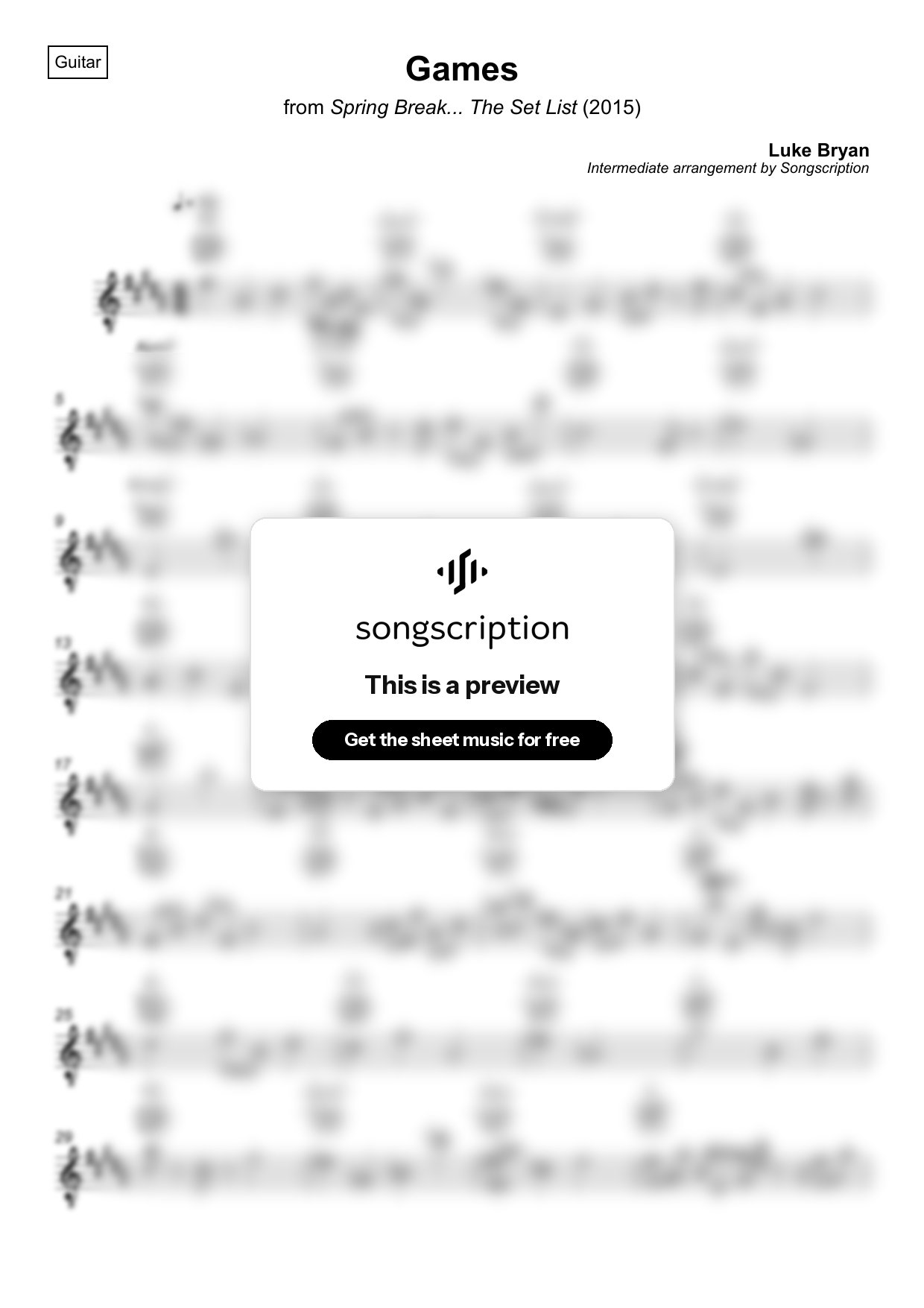 Intermediate Acoustic Guitar Sheet Music for "Games" by Luke Bryan