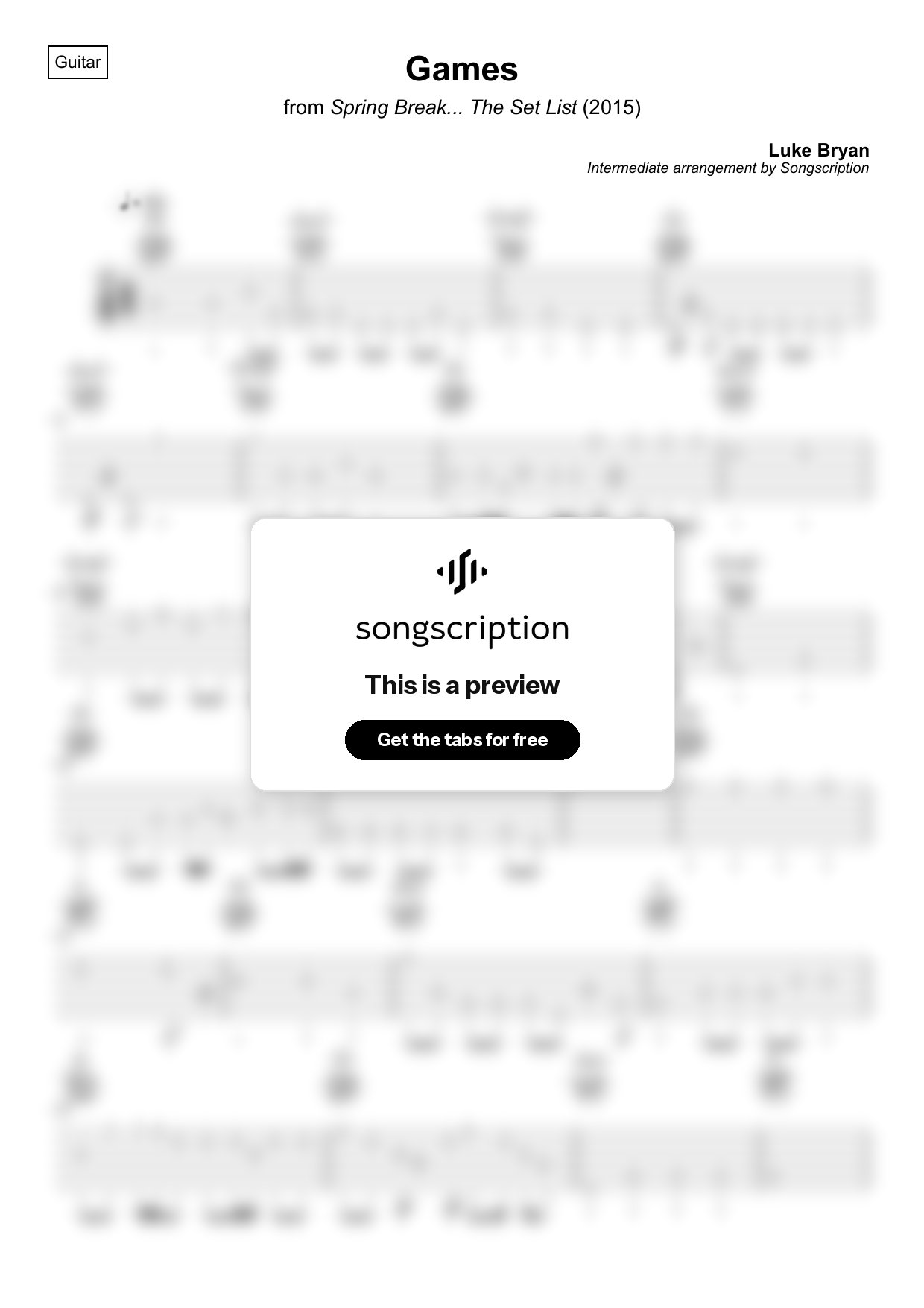 Intermediate Acoustic Guitar Tabs for "Games" by Luke Bryan