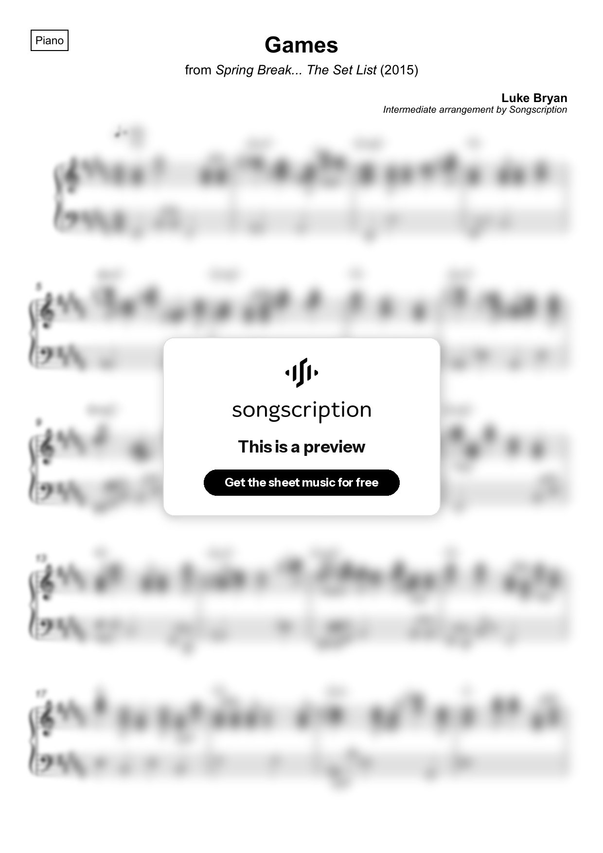 Intermediate Piano Sheet Music for "Games" by Luke Bryan