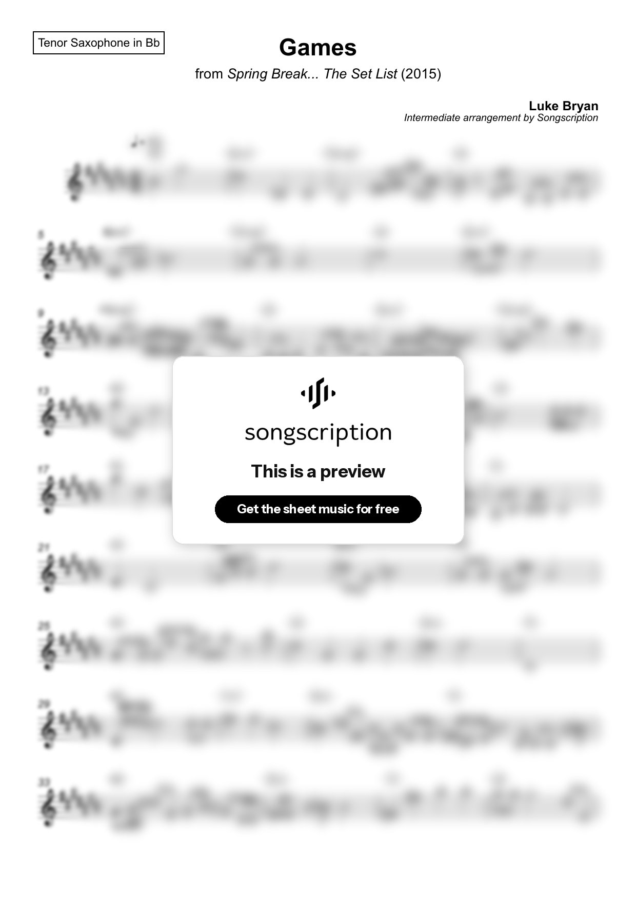 Intermediate Tenor Sax Sheet Music for "Games" by Luke Bryan