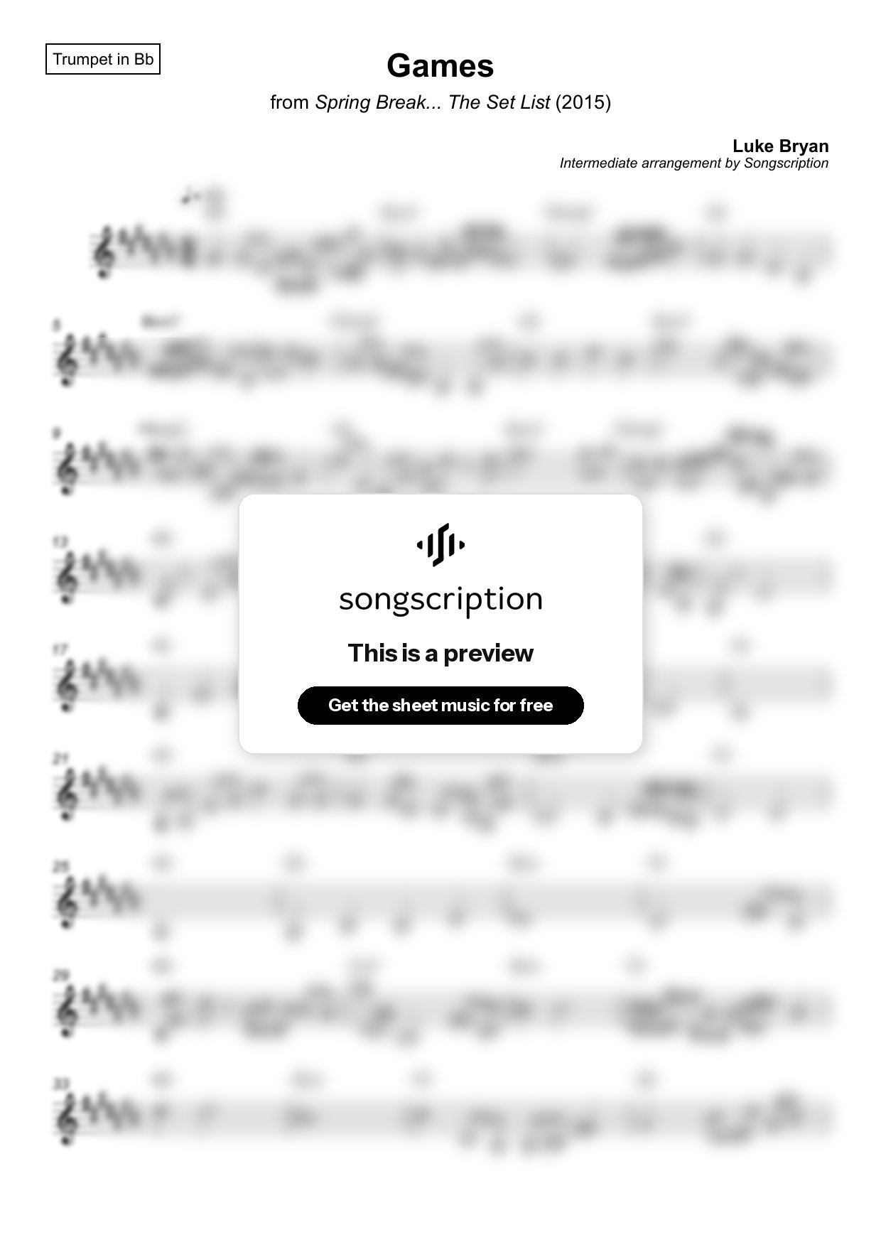 Intermediate Trumpet Sheet Music for "Games" by Luke Bryan